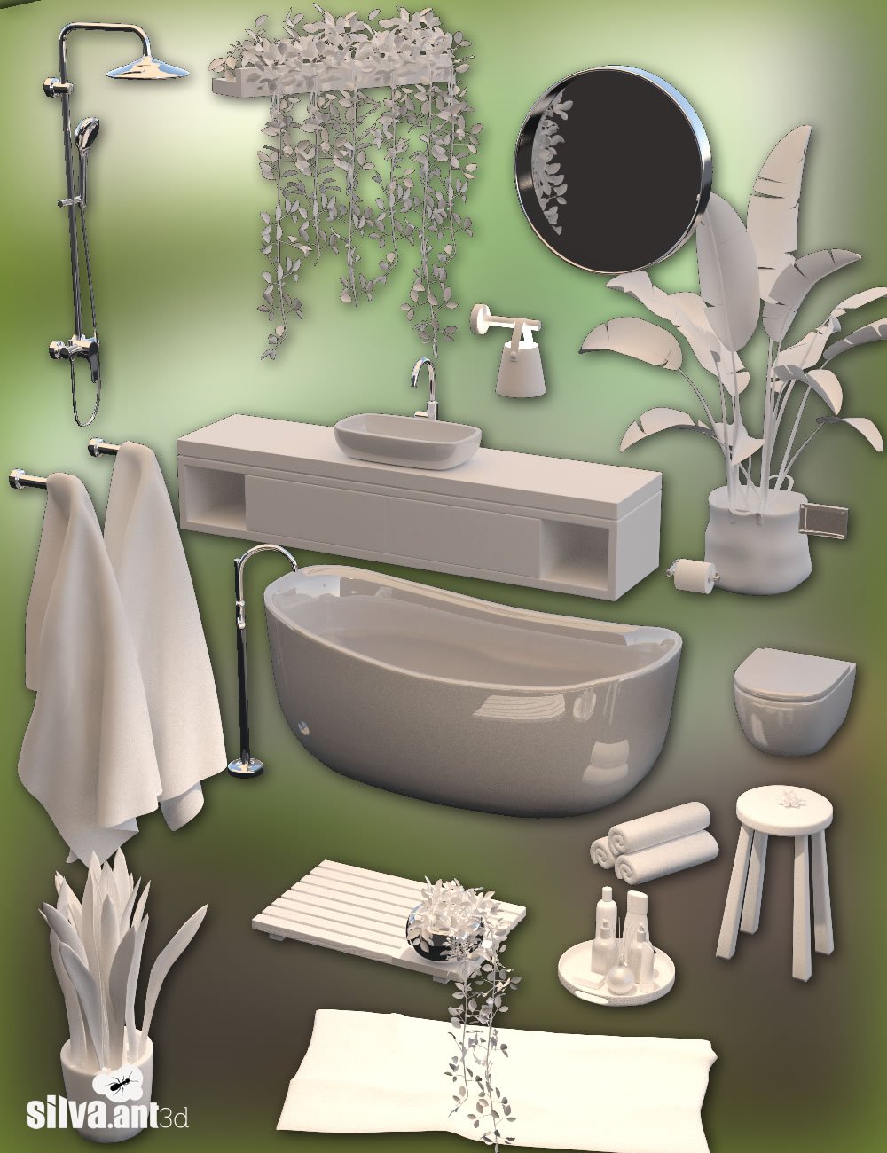 Leafy Bathroom Set and Genesis 8 Female Poses by: SilvaAnt3d, 3D Models by Daz 3D