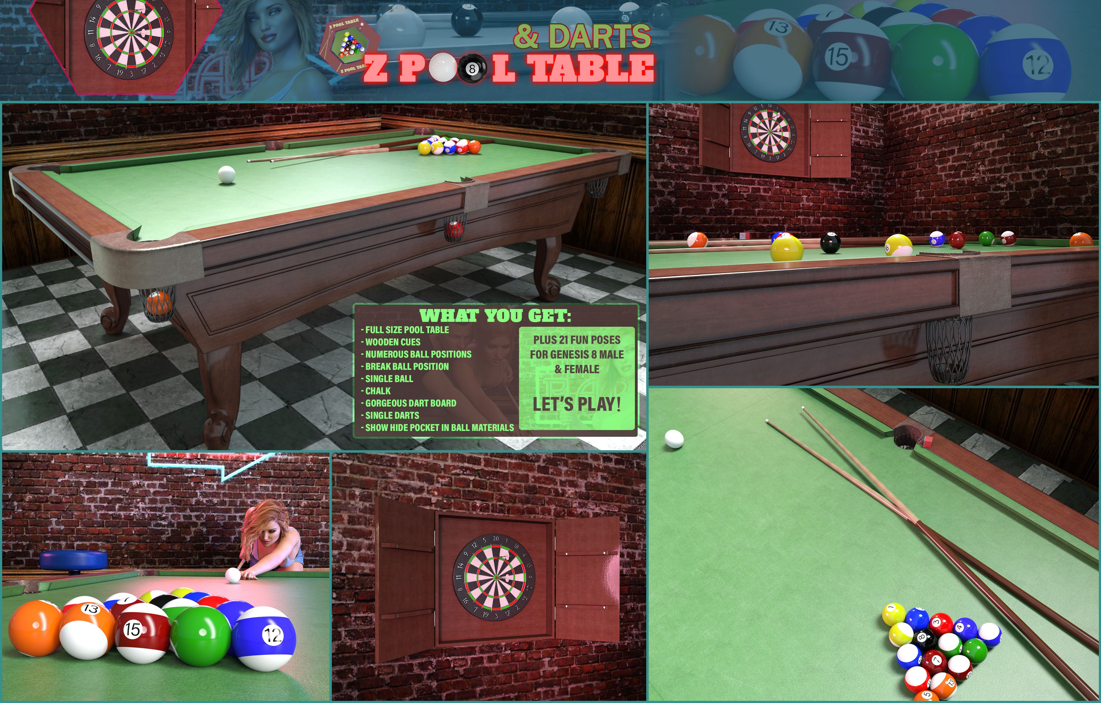 Z Pool Table and Darts for Genesis 8 Daz 3D