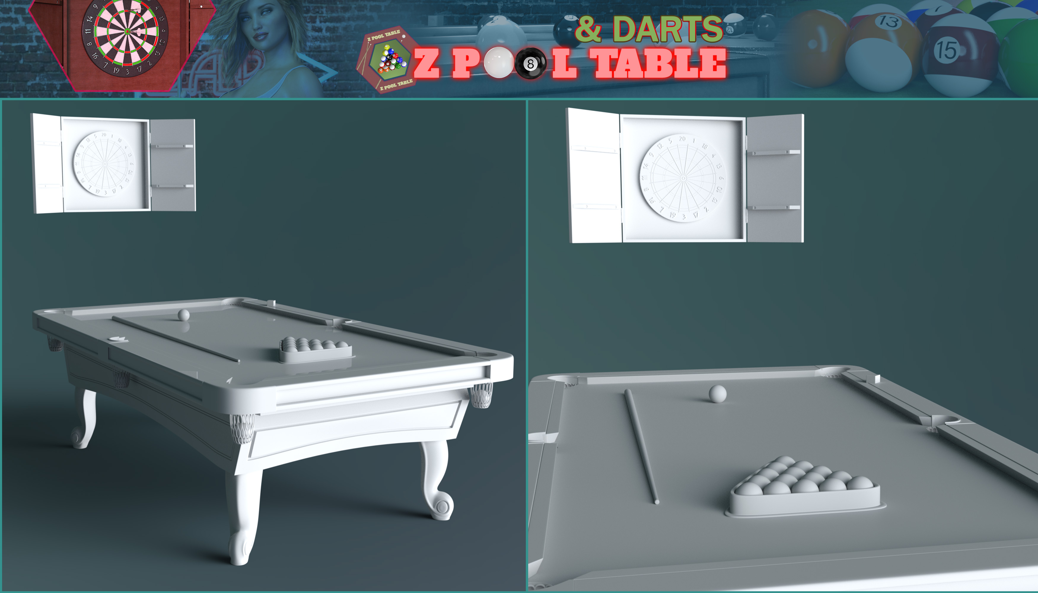 Z Pool Table and Darts for Genesis 8 Daz 3D