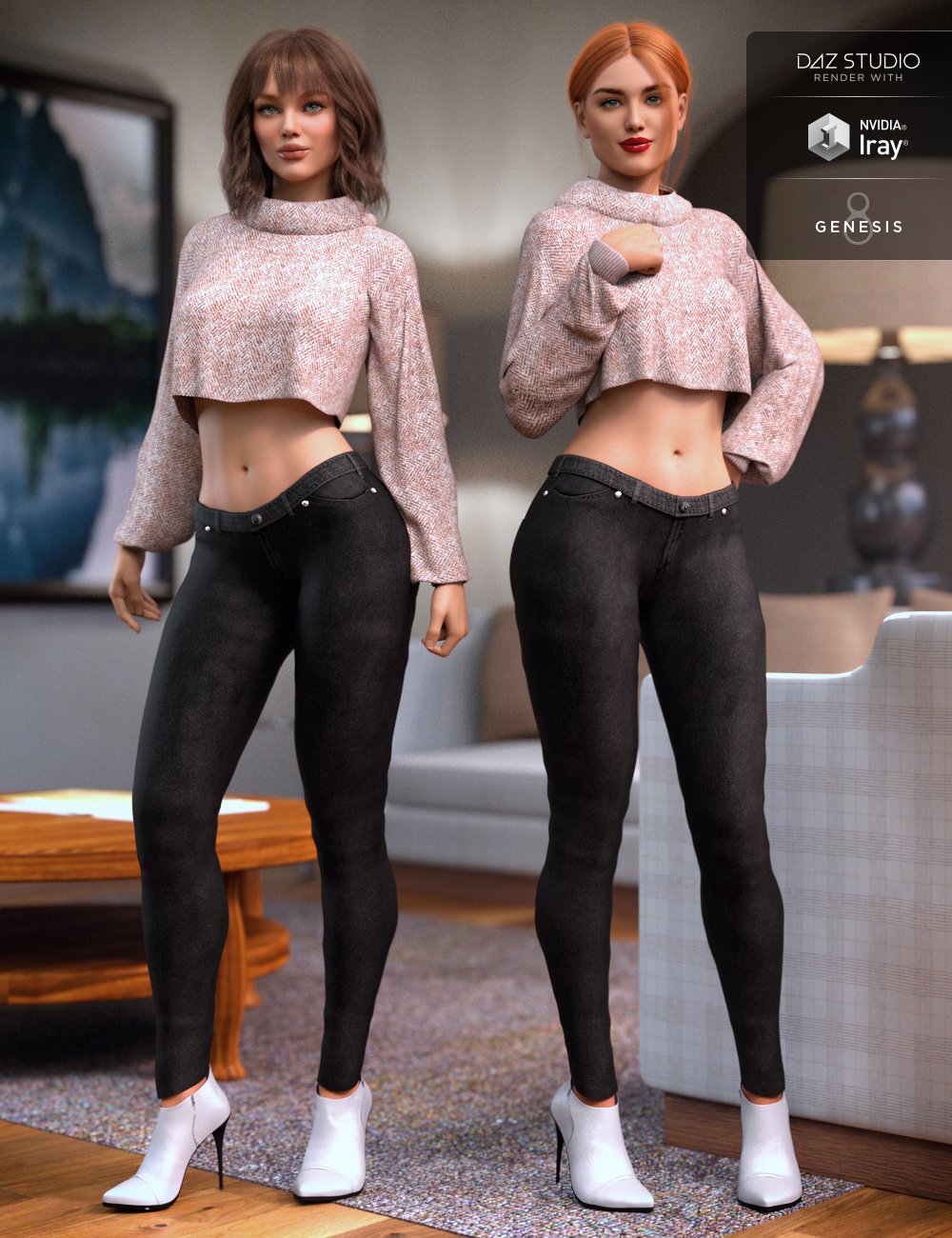 dForce Crop Sweater and Jeans Outfit for Genesis 8 Female(s) by: Barbara BrundonOziChick, 3D Models by Daz 3D