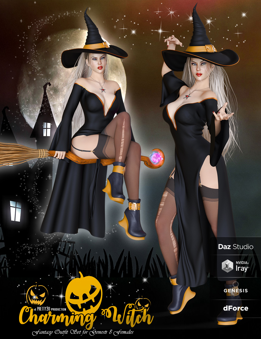 dForce Charming Witch Outfit for Genesis 8 Female(s) by: Pretty3D, 3D Models by Daz 3D