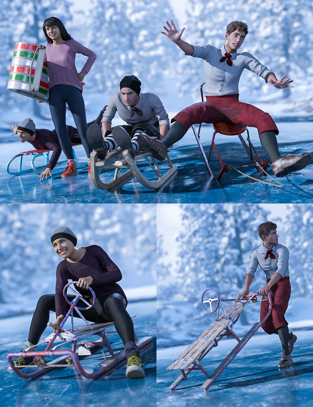 Sledding Fun for Genesis 8 by: FeralFey, 3D Models by Daz 3D