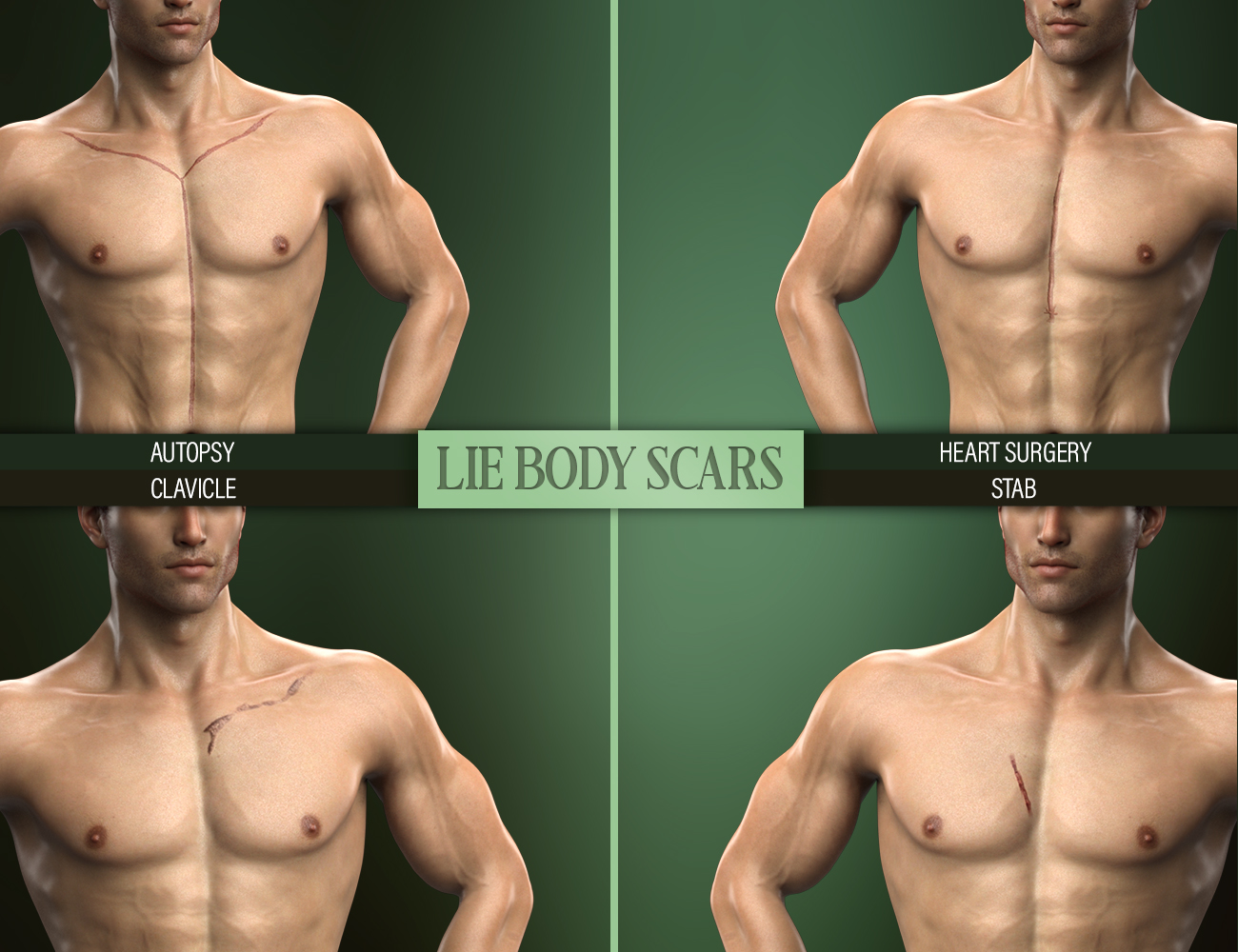 LIE BODY SCARS for Genesis 3 & 8 Male(s) by: FenixPhoenixEsid, 3D Models by Daz 3D