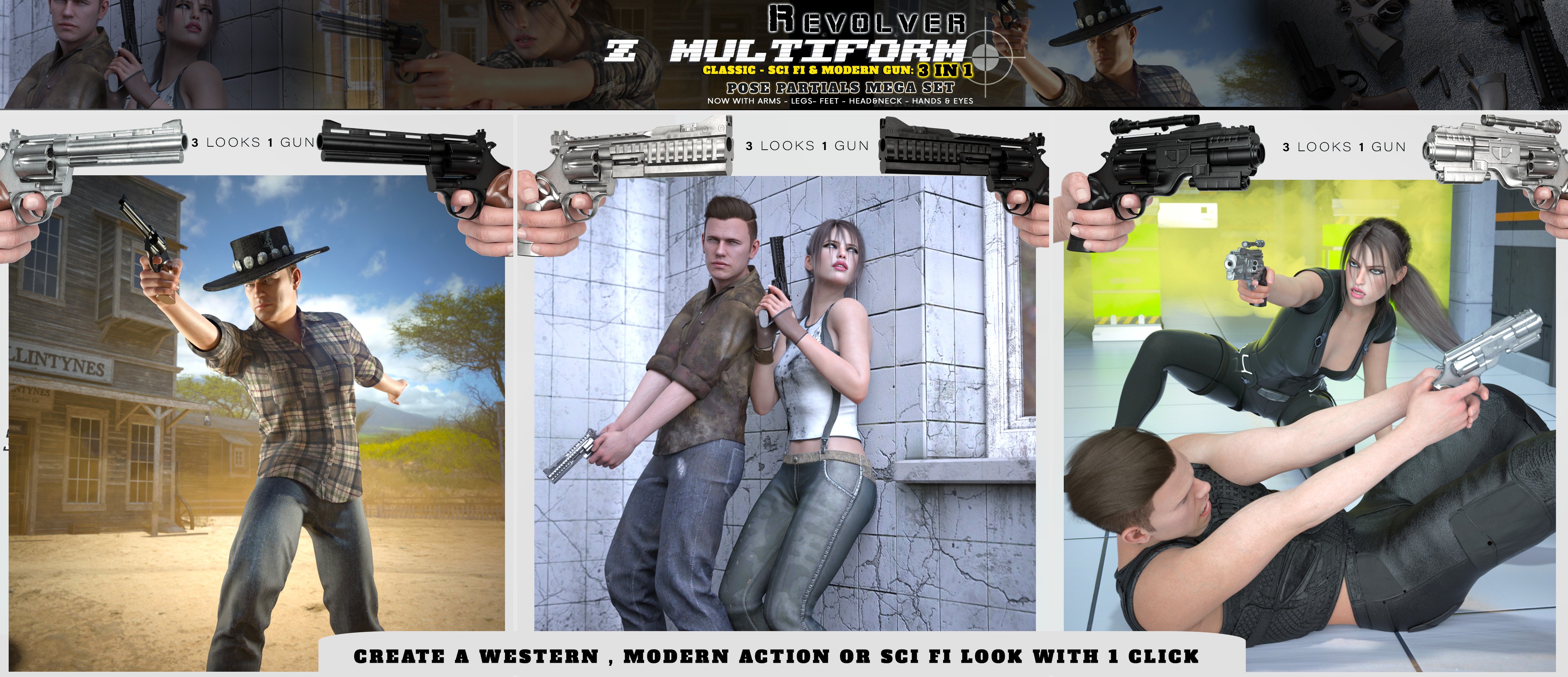 Z Multiform Revolver and Poses for Genesis 8 by: Zeddicuss, 3D Models by Daz 3D