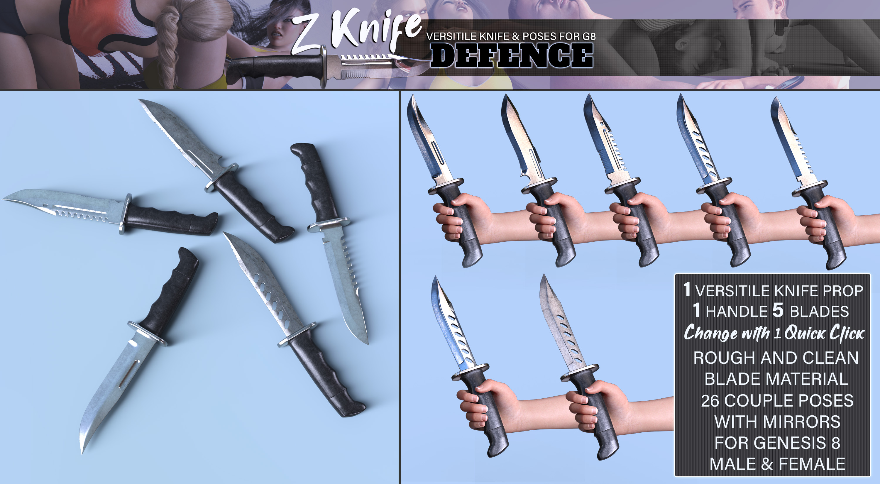 Z Knife Defense - Props and Poses for Genesis 8 by: Zeddicuss, 3D Models by Daz 3D