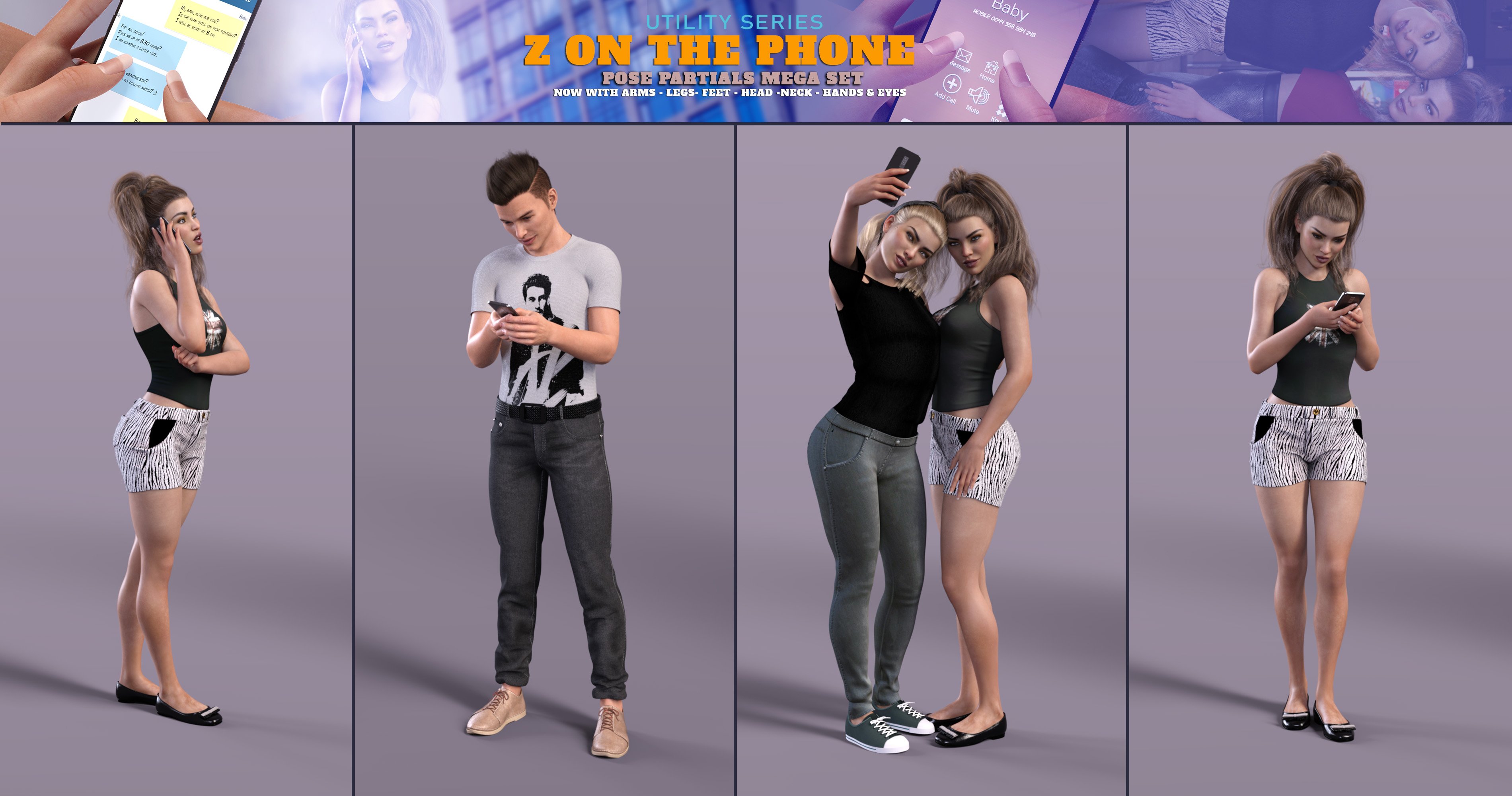 Z On the Phone Pose Mega Set by: Zeddicuss, 3D Models by Daz 3D