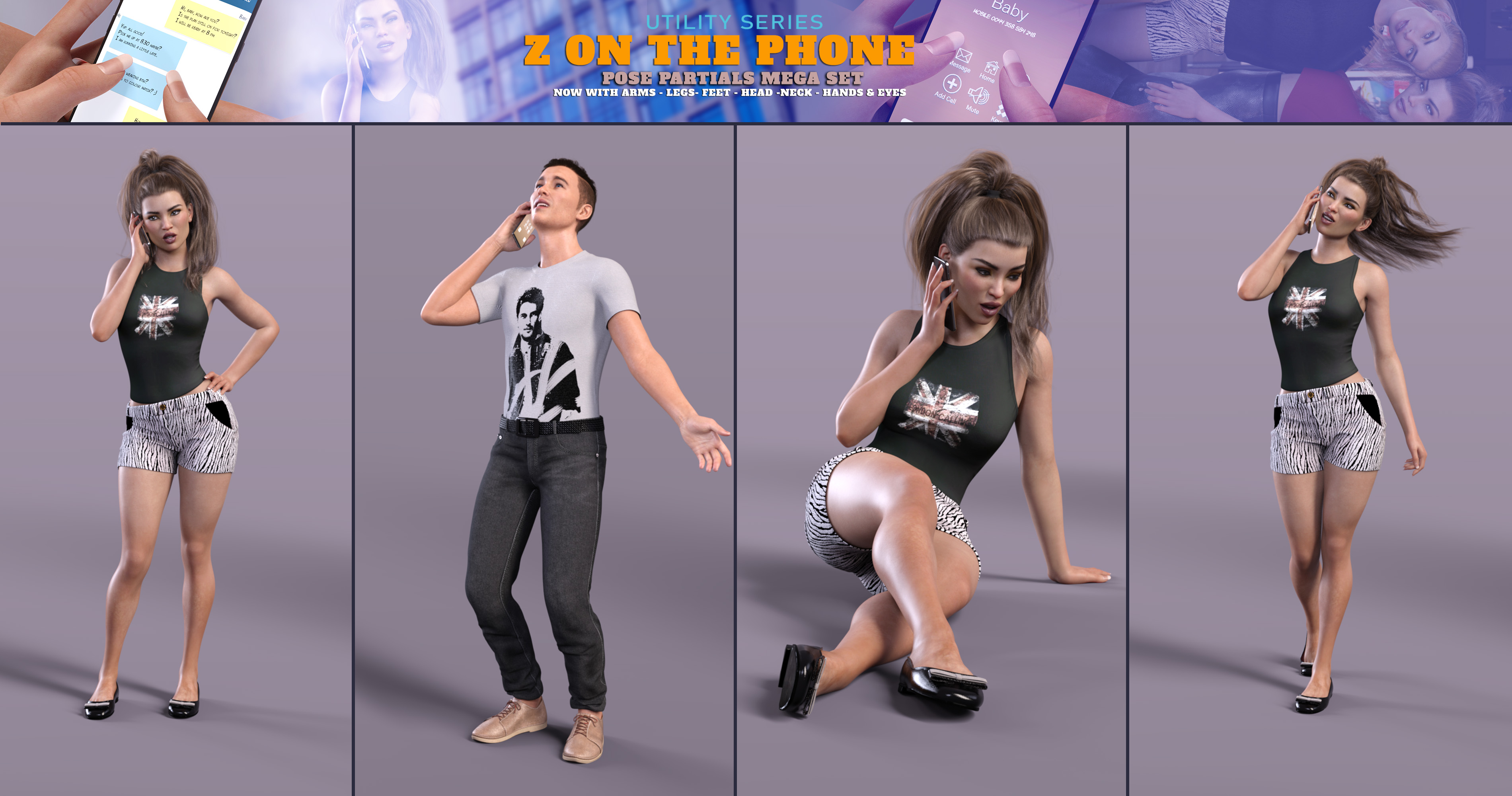 Z On the Phone Pose Mega Set by: Zeddicuss, 3D Models by Daz 3D