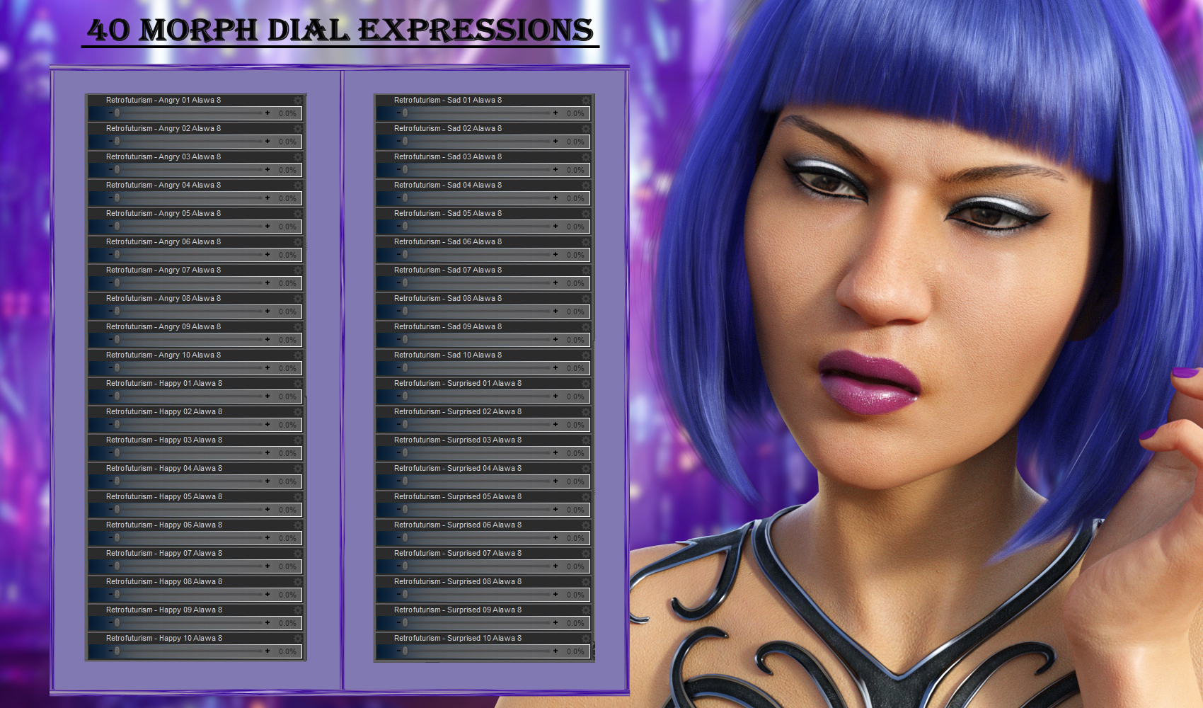 Retrofuturism Expressions for Genesis 8 Female and Alawa 8 Retrofuturism Expressions for Genesis 8 Female and Alawa 8 by: JWolf, 3D Models by Daz 3D