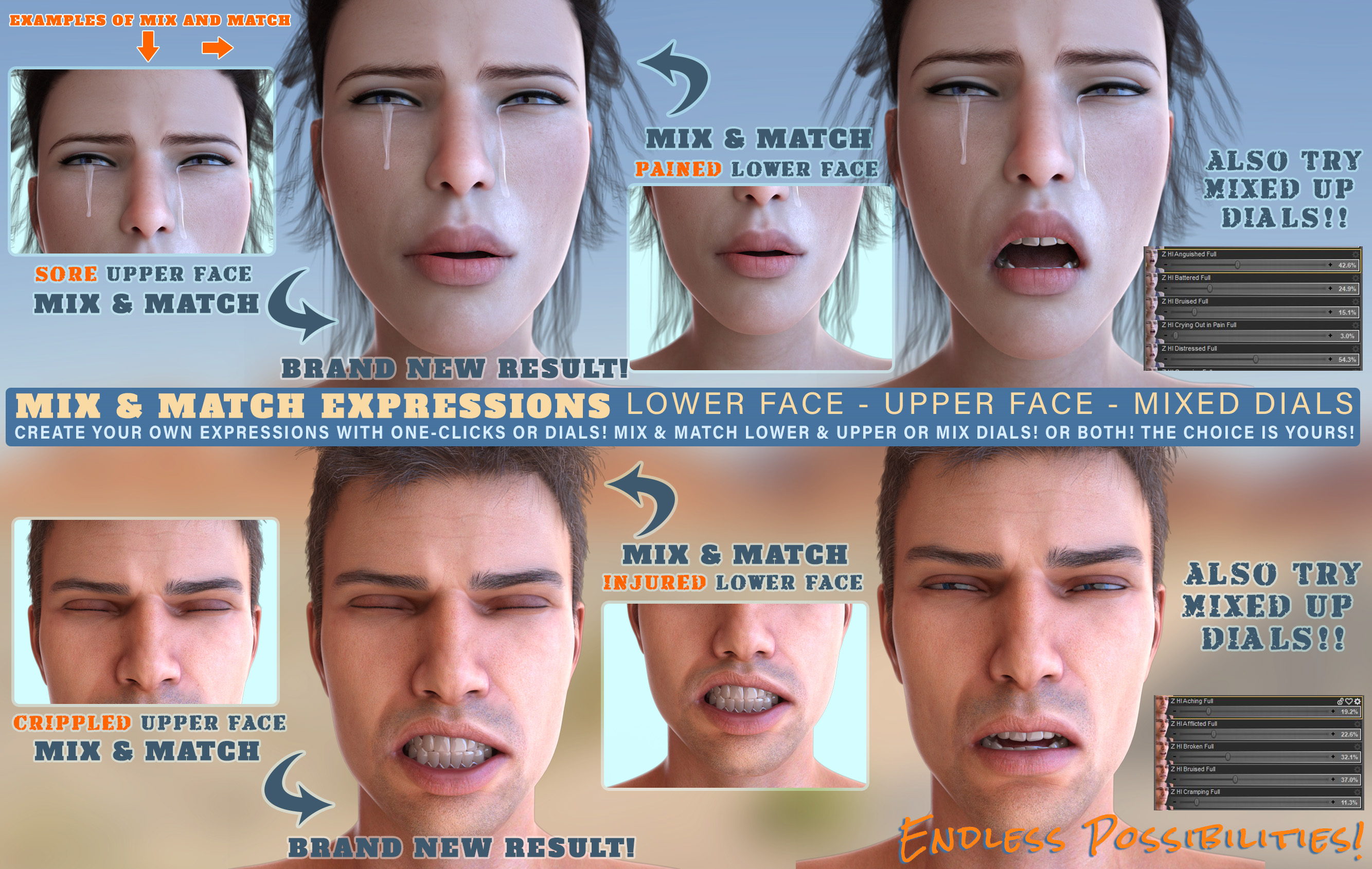 Z Mix and Match Hurt and Injured Expressions for Genesis 8 by: Zeddicuss, 3D Models by Daz 3D