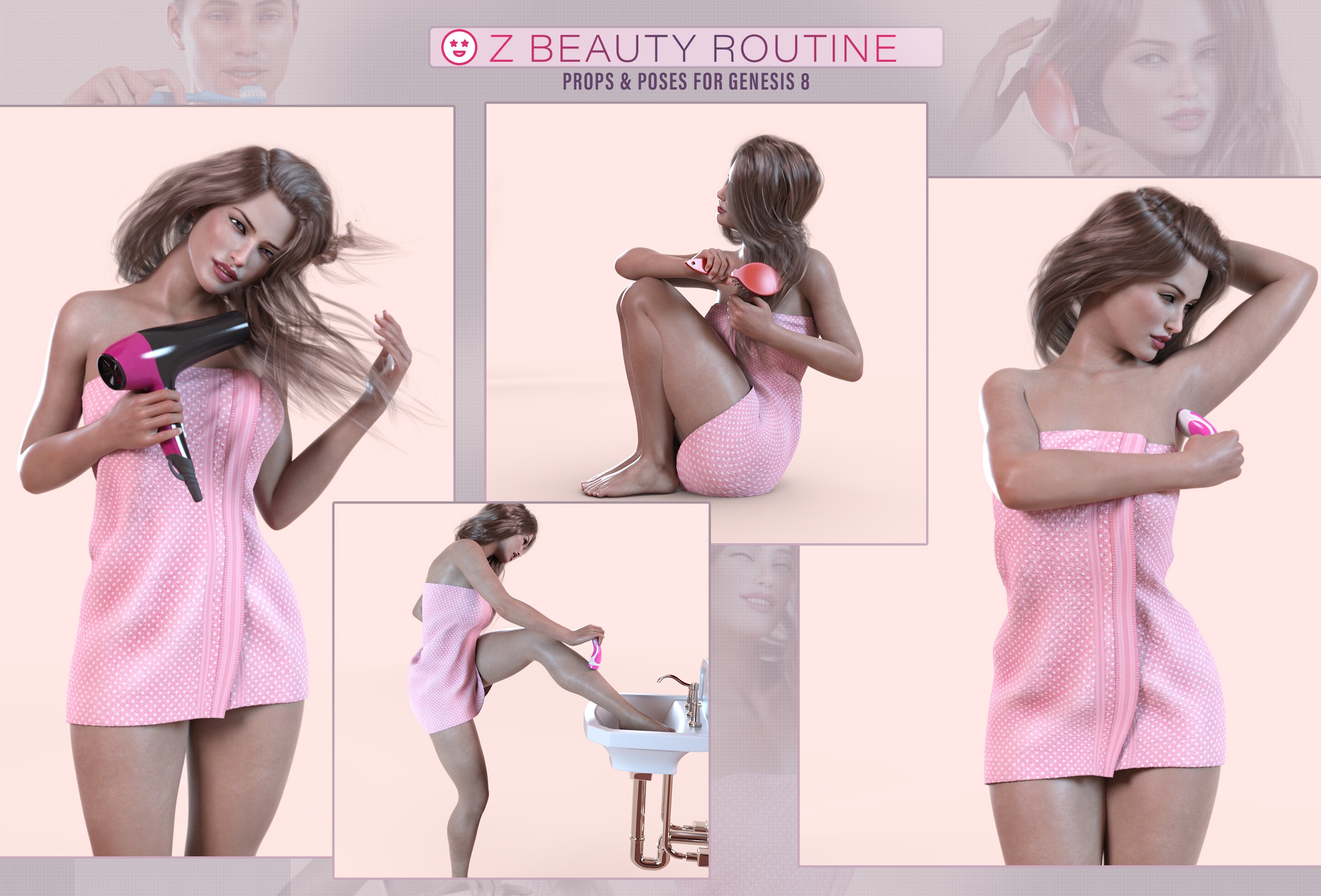 Z Beauty Routine Props and Poses for Genesis 8 by: Zeddicuss, 3D Models by Daz 3D