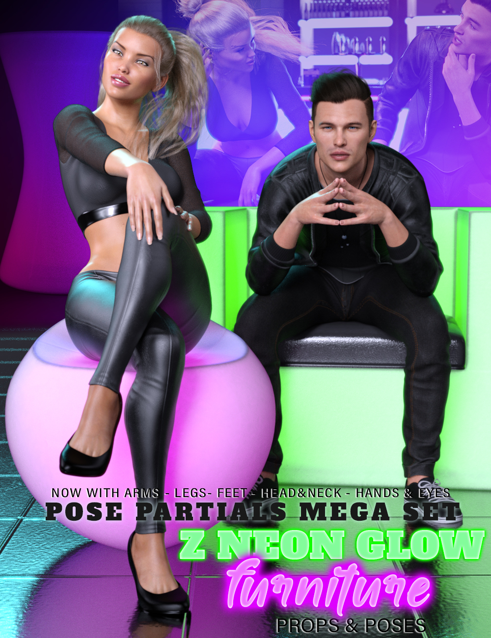 Z Neon Glow Furniture and Pose Mega Set for Genesis 3 and 8 by: Zeddicuss, 3D Models by Daz 3D
