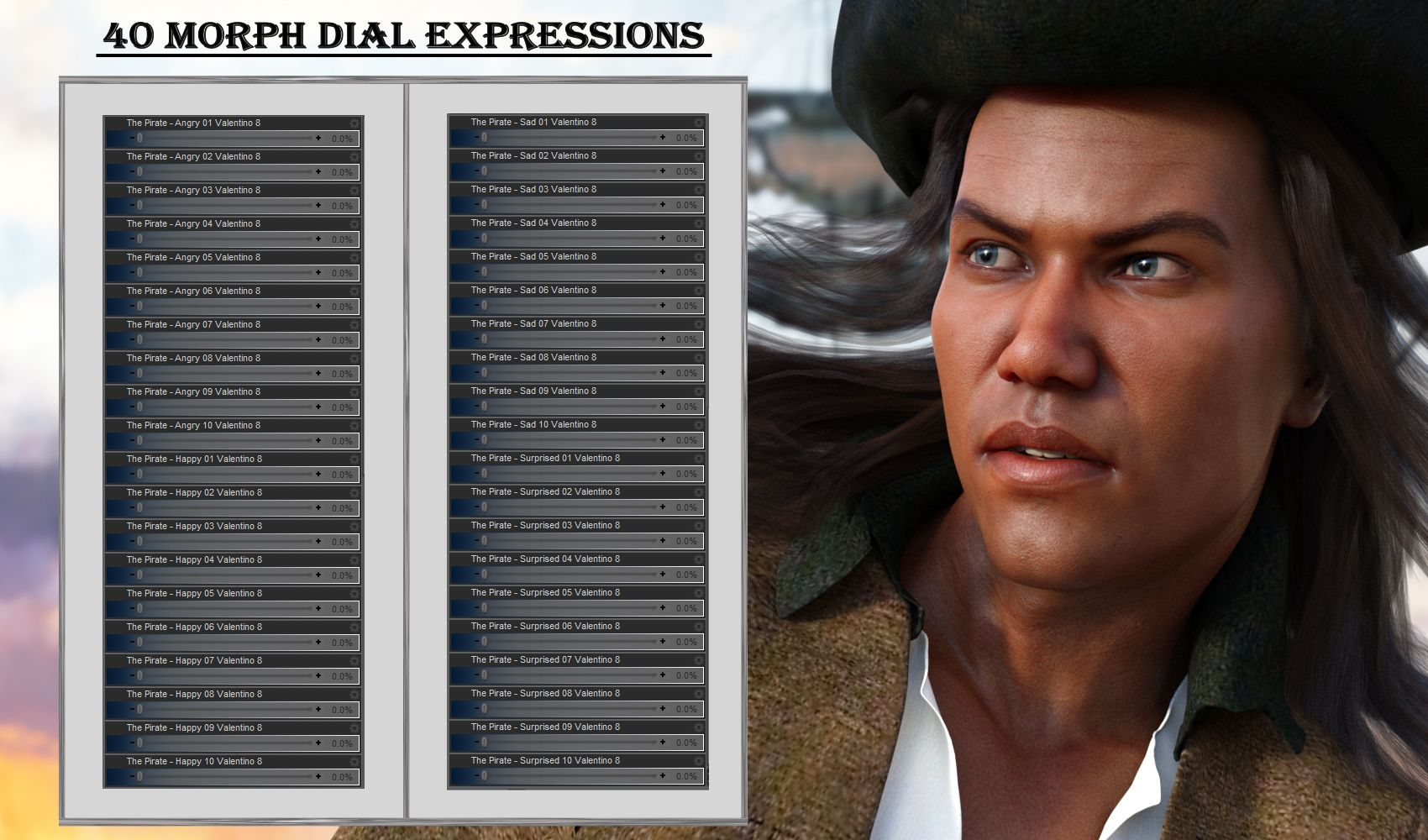 The Pirate - Expressions for Genesis 8 Male and Valentino 8 The Pirate - Expressions for Genesis 8 Male and Valentino 8 by: JWolf, 3D Models by Daz 3D