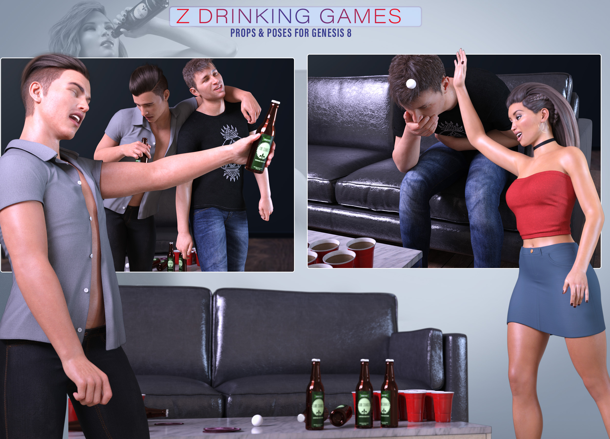 Z Drinking Games Props and Poses for Genesis 8 by: Zeddicuss, 3D Models by Daz 3D