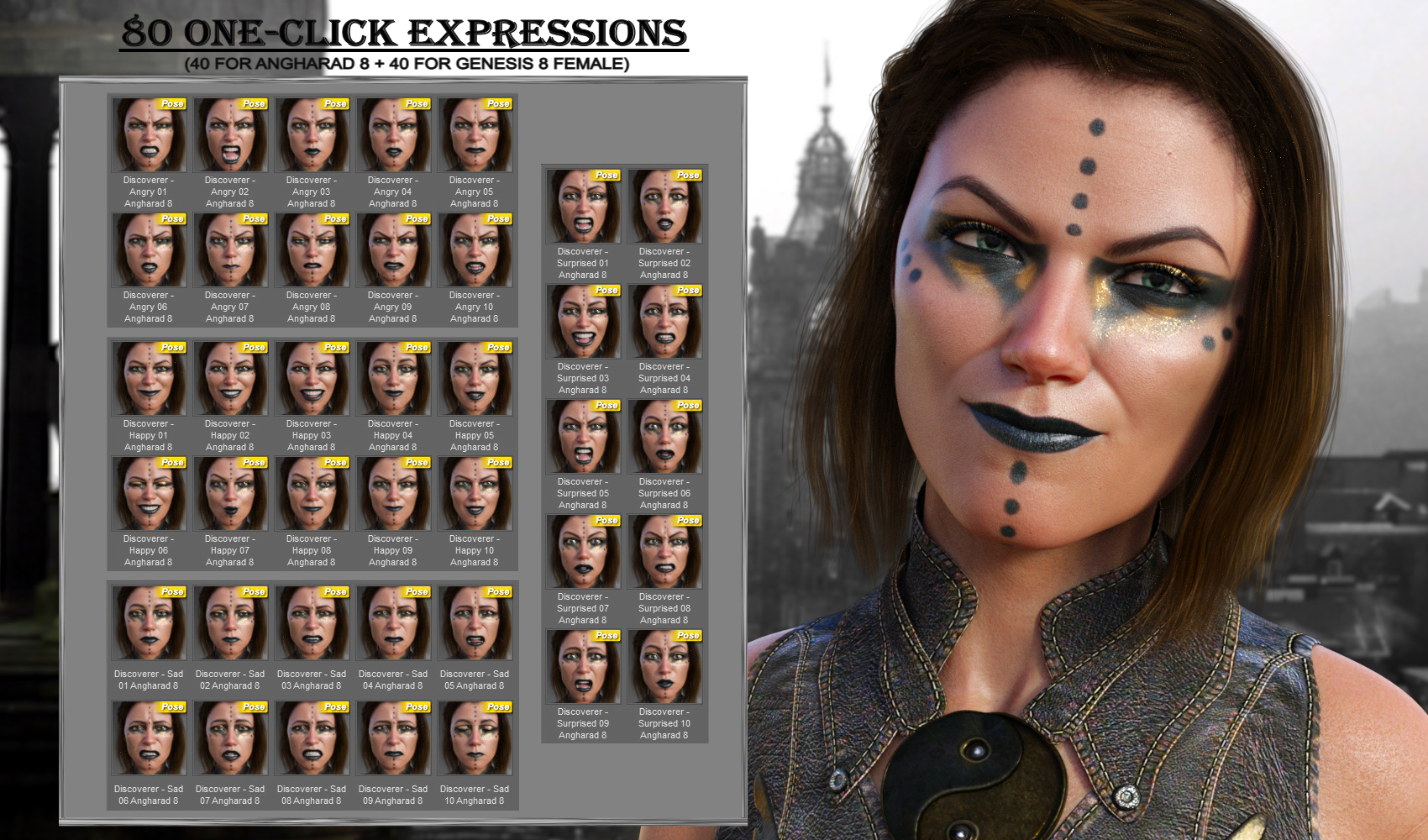 Discoverer - Expressions for Genesis 8 Female and Angharad 8 Discoverer - Expressions for Genesis 8 Female and Angharad 8 by: JWolf, 3D Models by Daz 3D