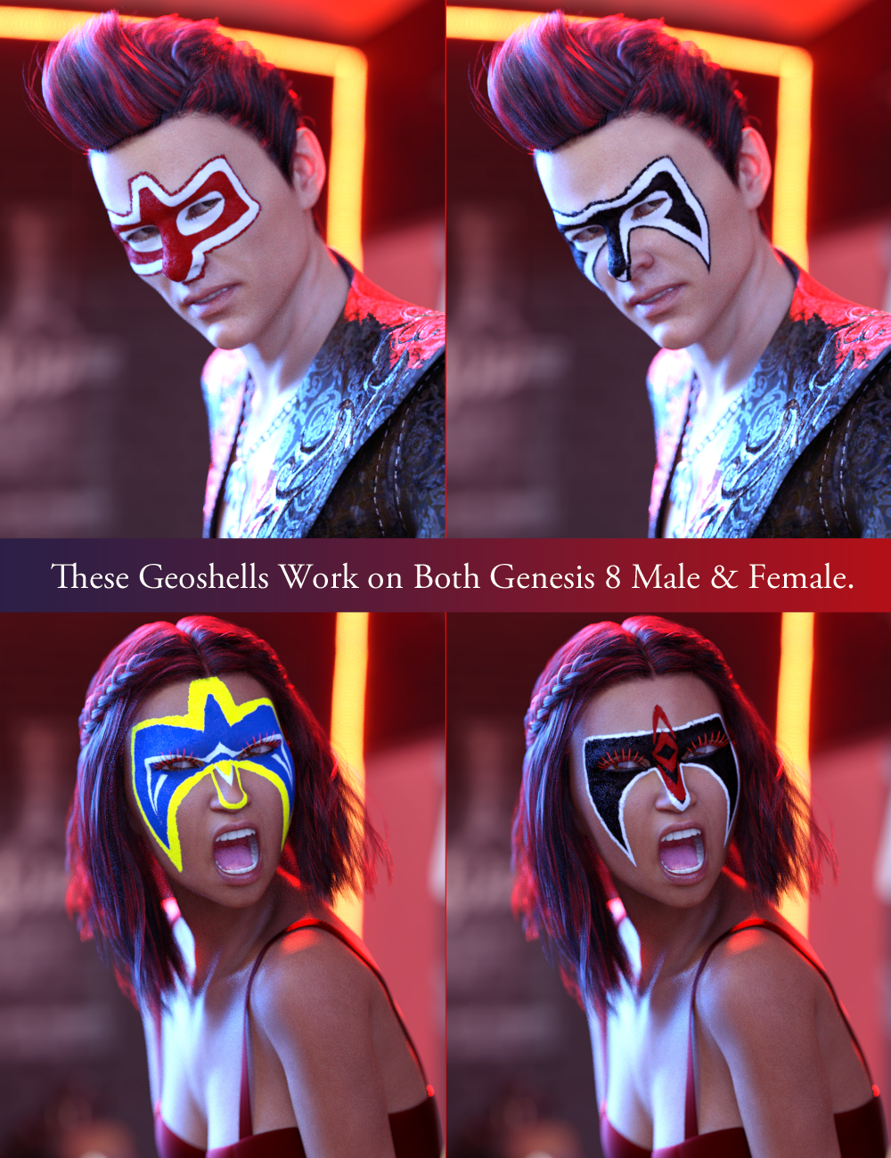 Wrestler Mask Geoshells for Genesis 8 by: ForbiddenWhispers, 3D Models by Daz 3D