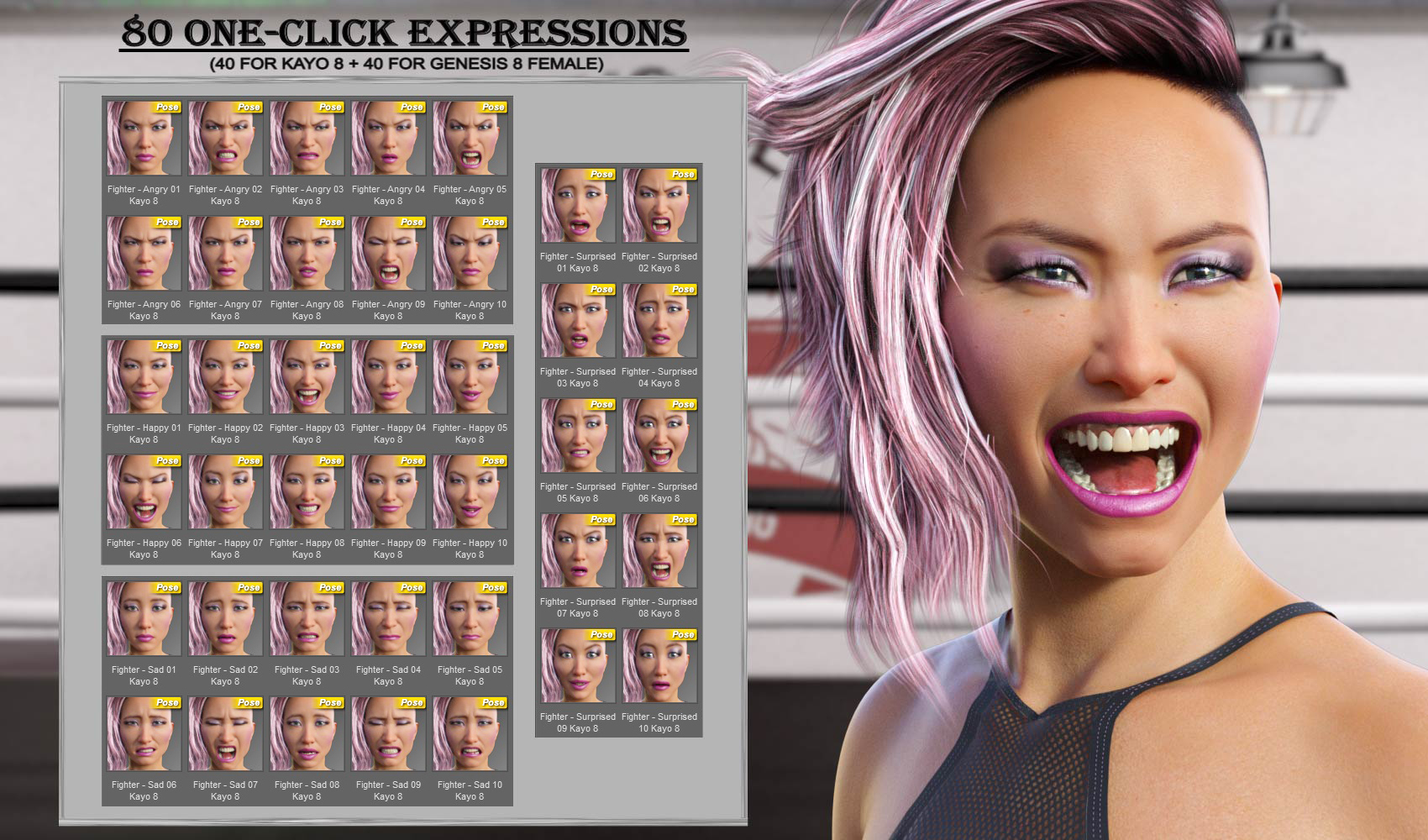 Fighter - Expressions for Genesis 8 Female and Kayo 8 by: JWolf, 3D Models by Daz 3D