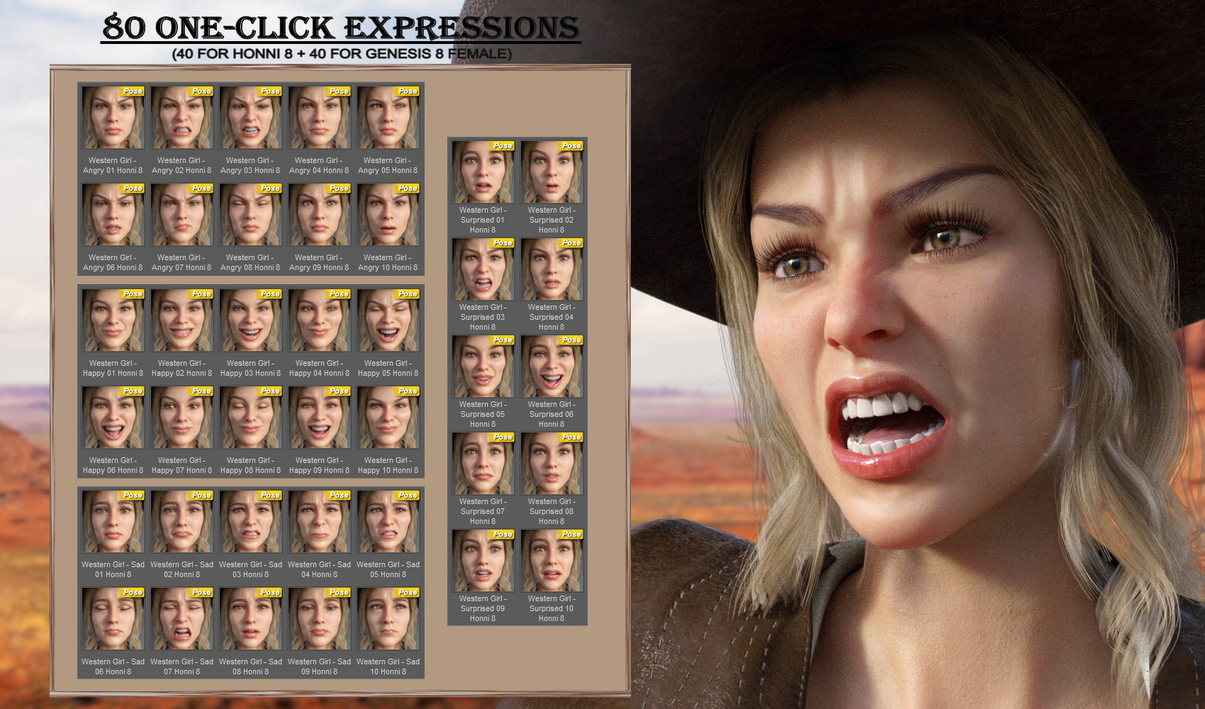 Western Girl - Expressions for Genesis 8 Female and Honni 8 Western Girl - Expressions for Genesis 8 Female and Honni 8 by: JWolf, 3D Models by Daz 3D