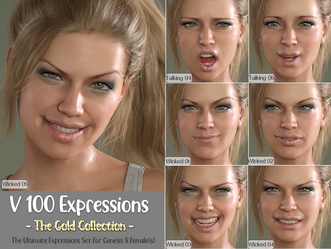 V 100 Expressions The Gold Collection for Genesis 8 Female by: Valery3D, 3D Models by Daz 3D
