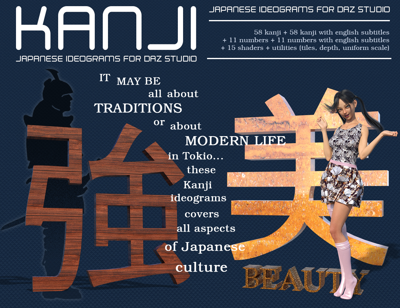KANJI - Japanese Ideograms for DAZ Studio KANJI - Japanese Ideograms for DAZ Studio by: Aedilium, 3D Models by Daz 3D