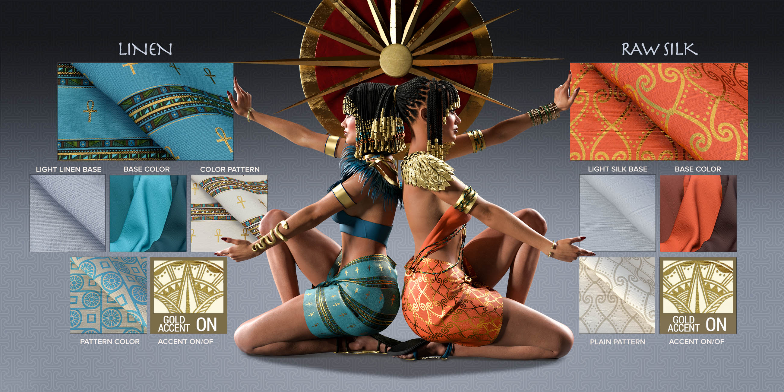 Ultra Shaders: Egyptian Fabrics by: Zai by DesignCG Boss, 3D Models by Daz 3D