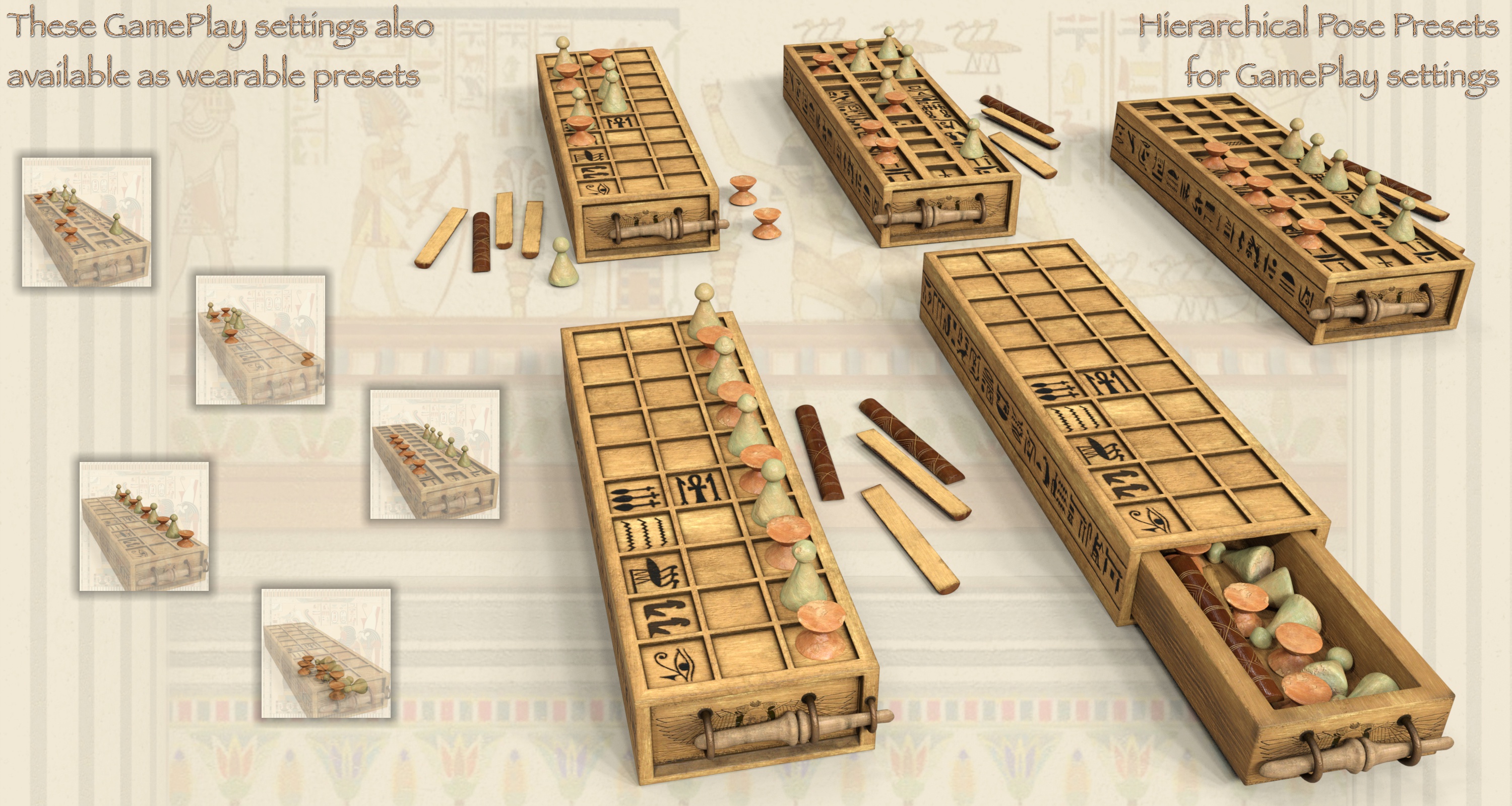 Egyptian Senet Game and Poses for Genesis 8 by: 3D-GHDesign, 3D Models by Daz 3D