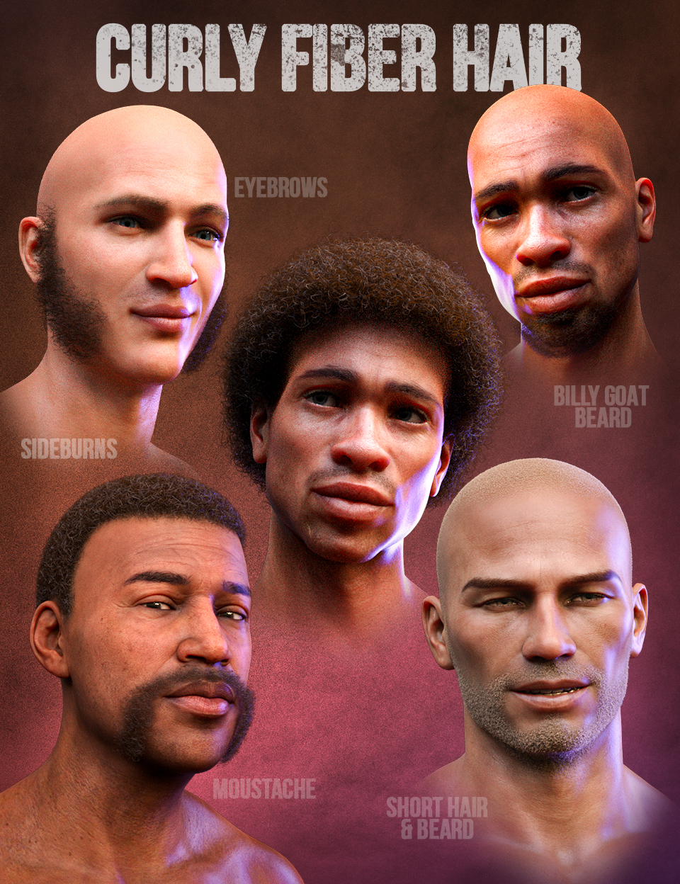 Curly Hair and Facial Hair for Genesis 8 Males by: Matari3D, 3D Models by Daz 3D