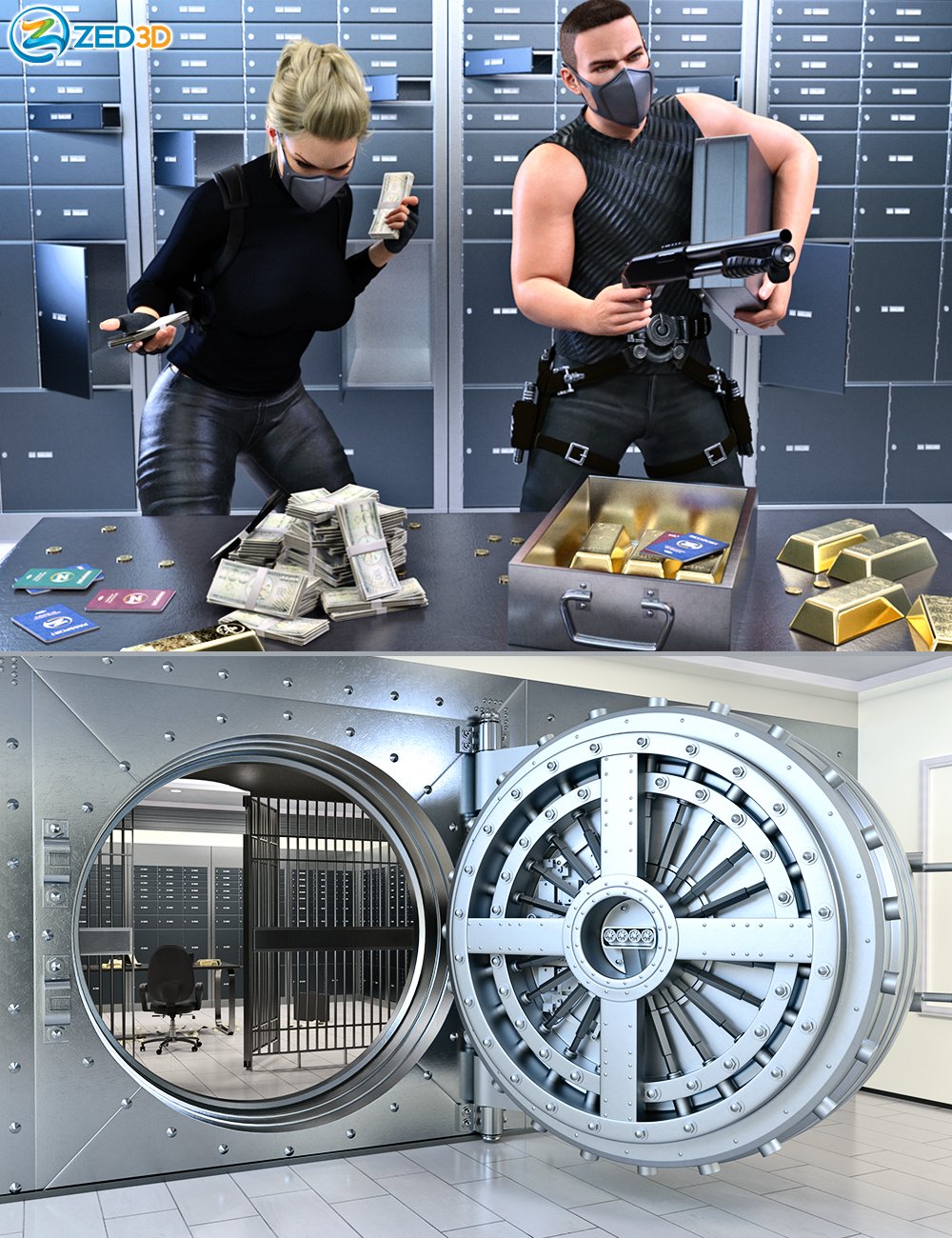 Z Bank Vault Robbery and Poses by: Zeddicuss, 3D Models by Daz 3D