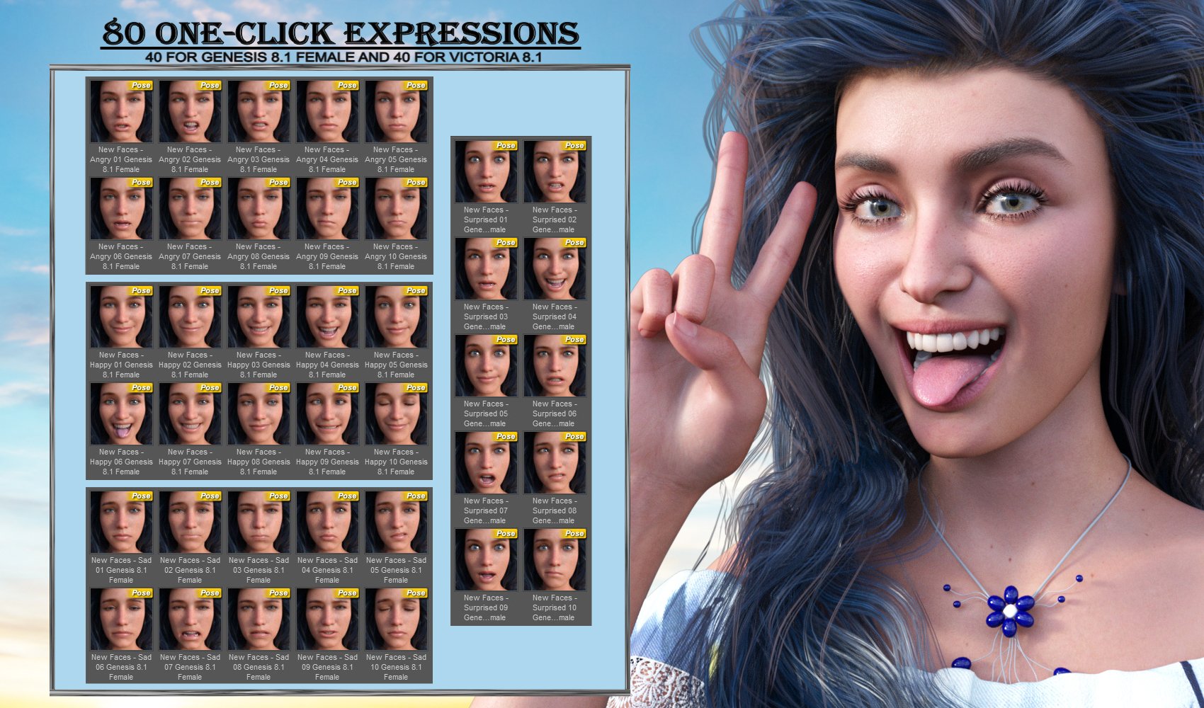 New Faces - Expressions for Genesis 8.1 Female and Victoria 8.1 by: JWolf, 3D Models by Daz 3D