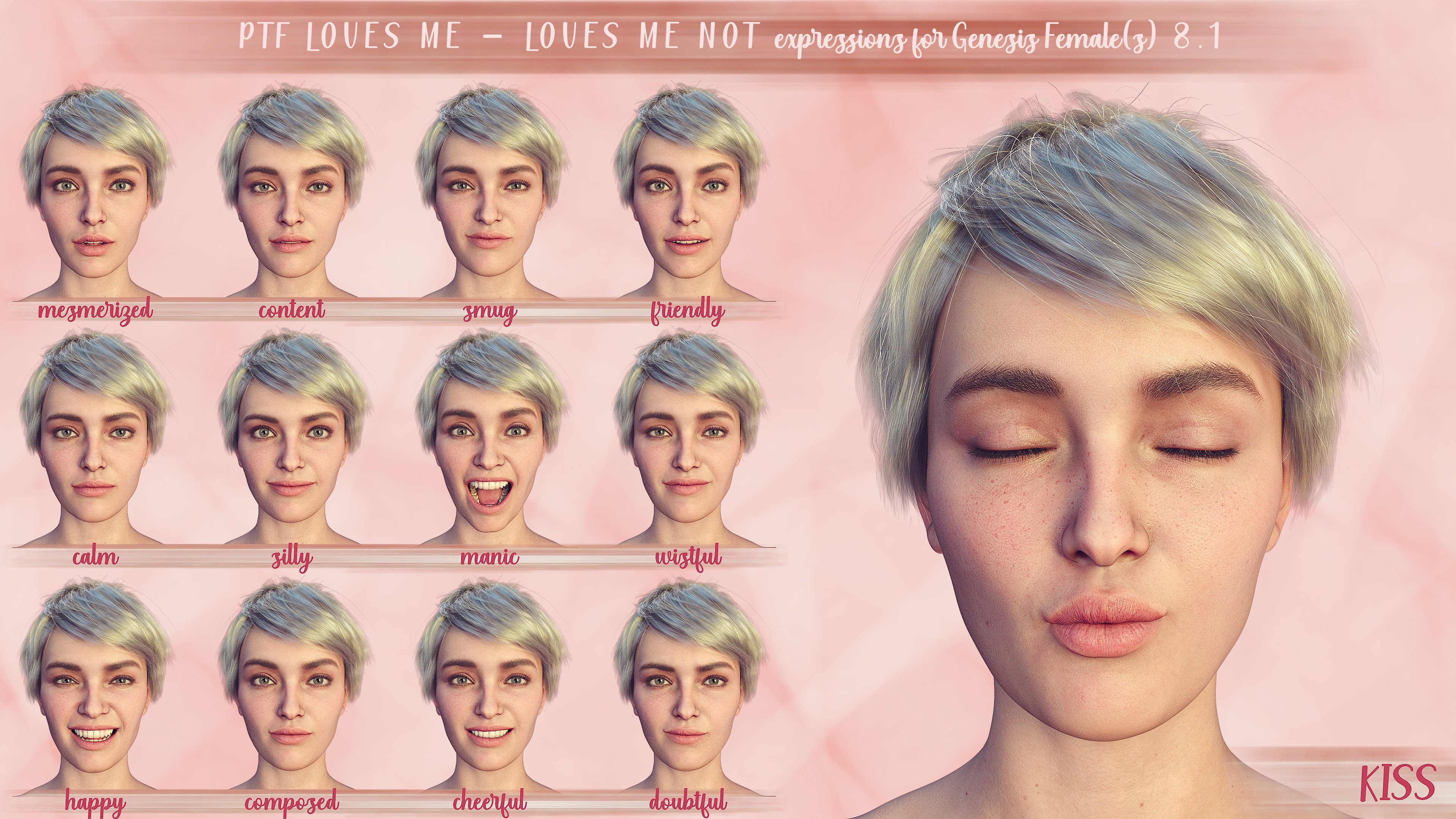 PTF Loves Me - Loves Me Not Expressions for Genesis 8.1  Female by: PixelTizzyFit, 3D Models by Daz 3D