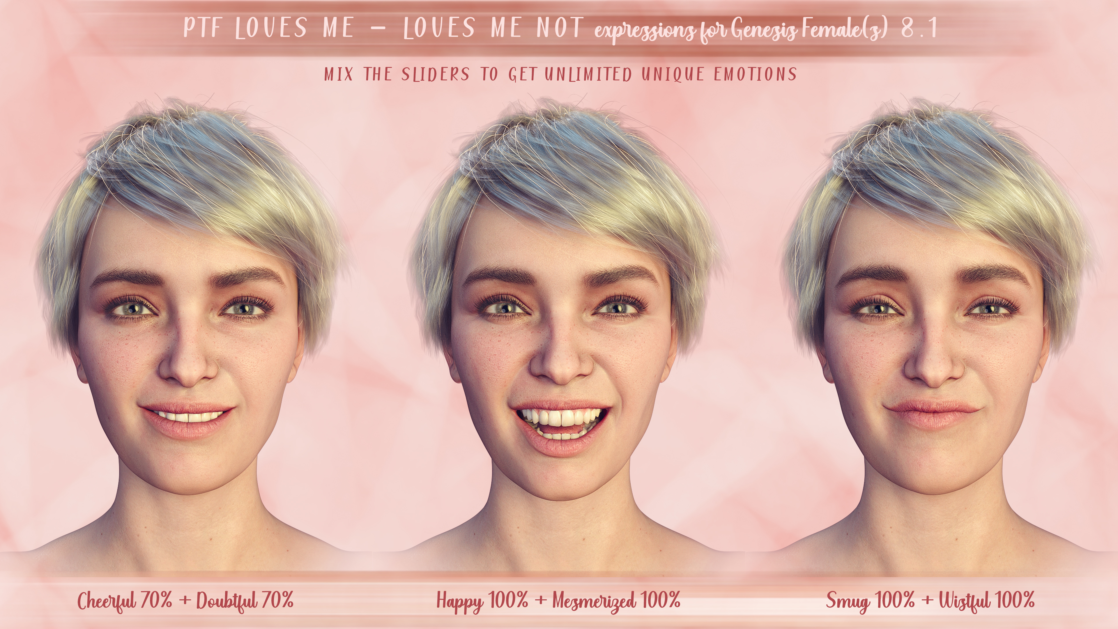 PTF Loves Me - Loves Me Not Expressions for Genesis 8.1 Female PTF Loves Me - Loves Me Not Expressions for Genesis 8.1 Female by: PixelTizzyFit, 3D Models by Daz 3D