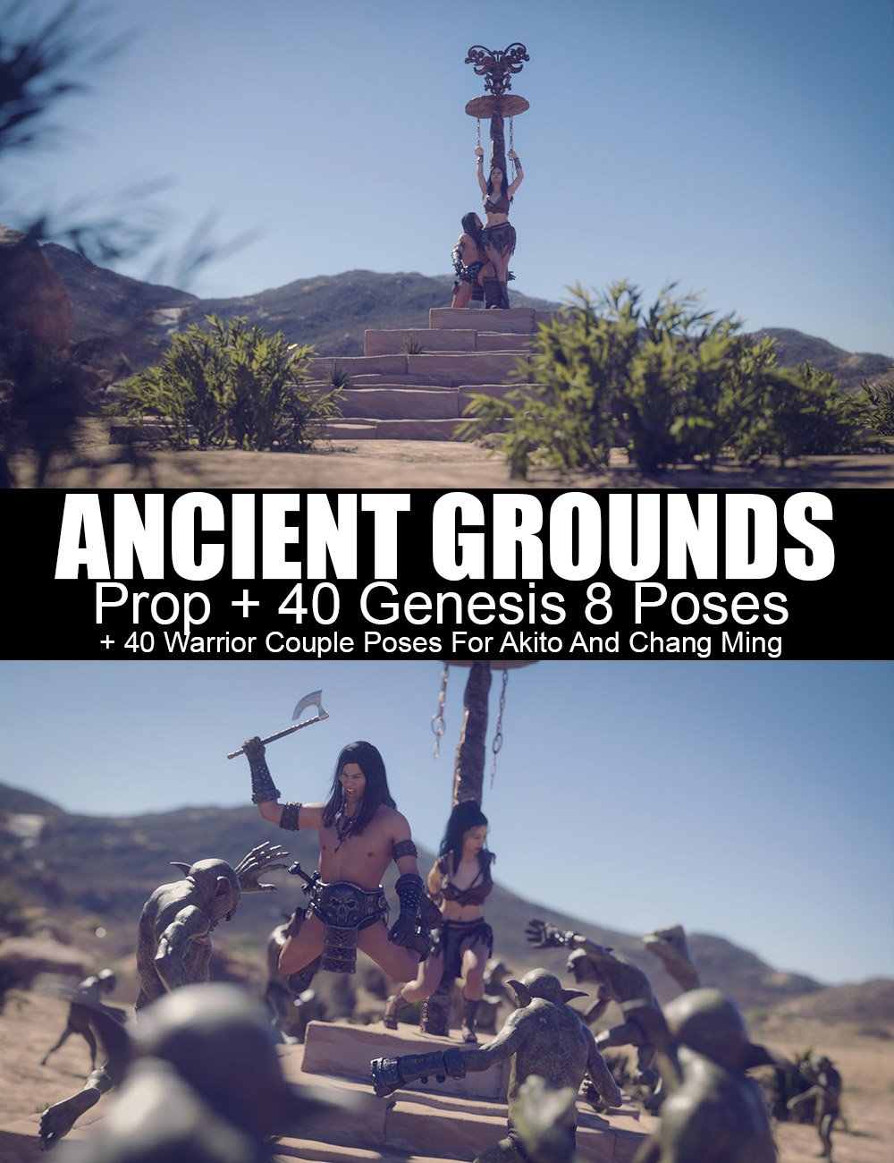 Ancient Grounds and 40 Poses for Genesis 8 and Warrior Couple by: DreamlightWarloc, 3D Models by Daz 3D