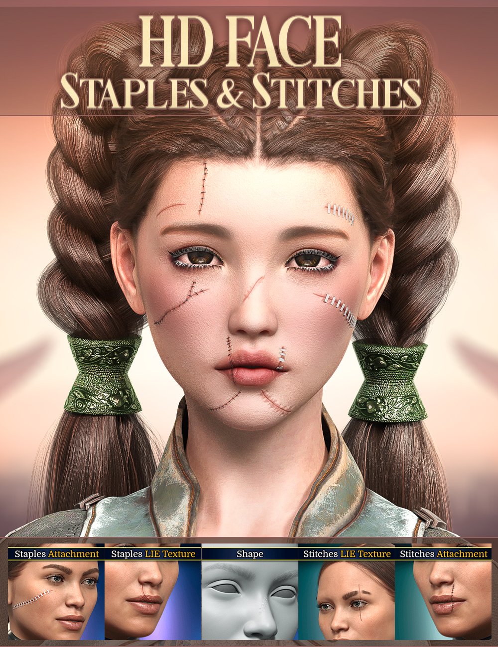 HD Face Staples and Stitches for Genesis 8 Females by: FenixPhoenixEsid, 3D Models by Daz 3D