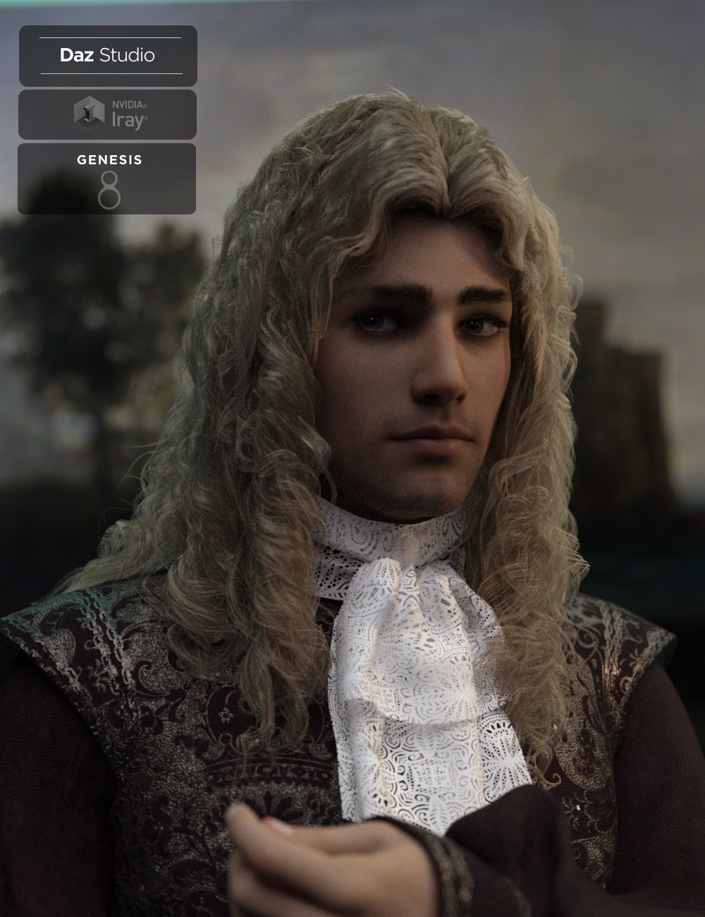 Fouquet Loose Curls Wig and Thin Mustache for Genesis 8.1 Males by: Neftis3D, 3D Models by Daz 3D