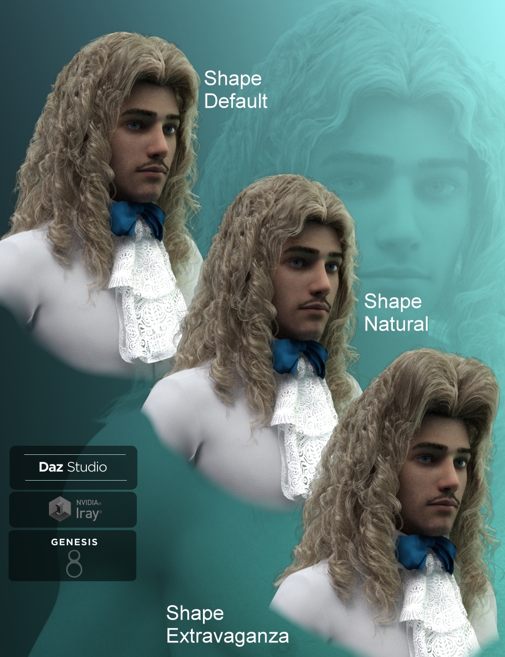 Fouquet Loose Curls Wig and Thin Mustache for Genesis 8.1 Males by: Neftis3D, 3D Models by Daz 3D