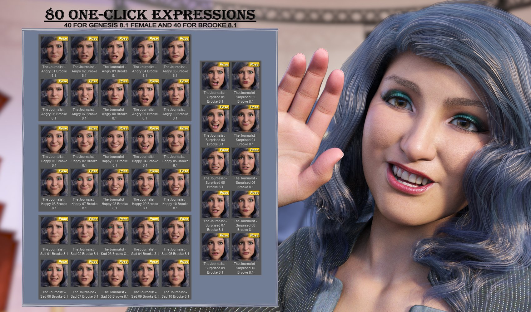 The Journalist - Expressions for Genesis 8.1 Female and Brooke 8.1 by: JWolf, 3D Models by Daz 3D