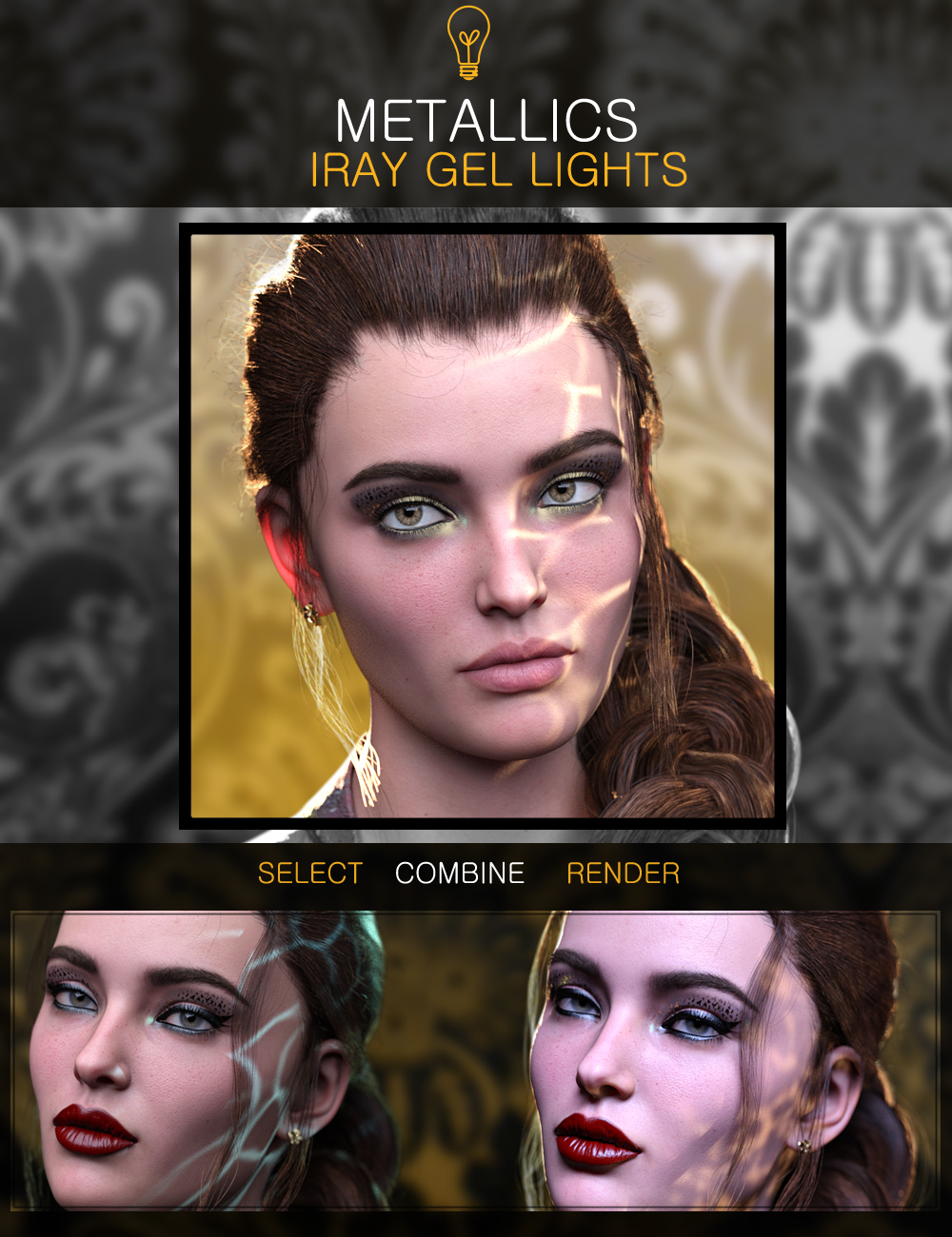 Metallic Gel Portrait Lighting for Iray Metallic Gel Portrait Lighting for Iray by: ForbiddenWhispers, 3D Models by Daz 3D