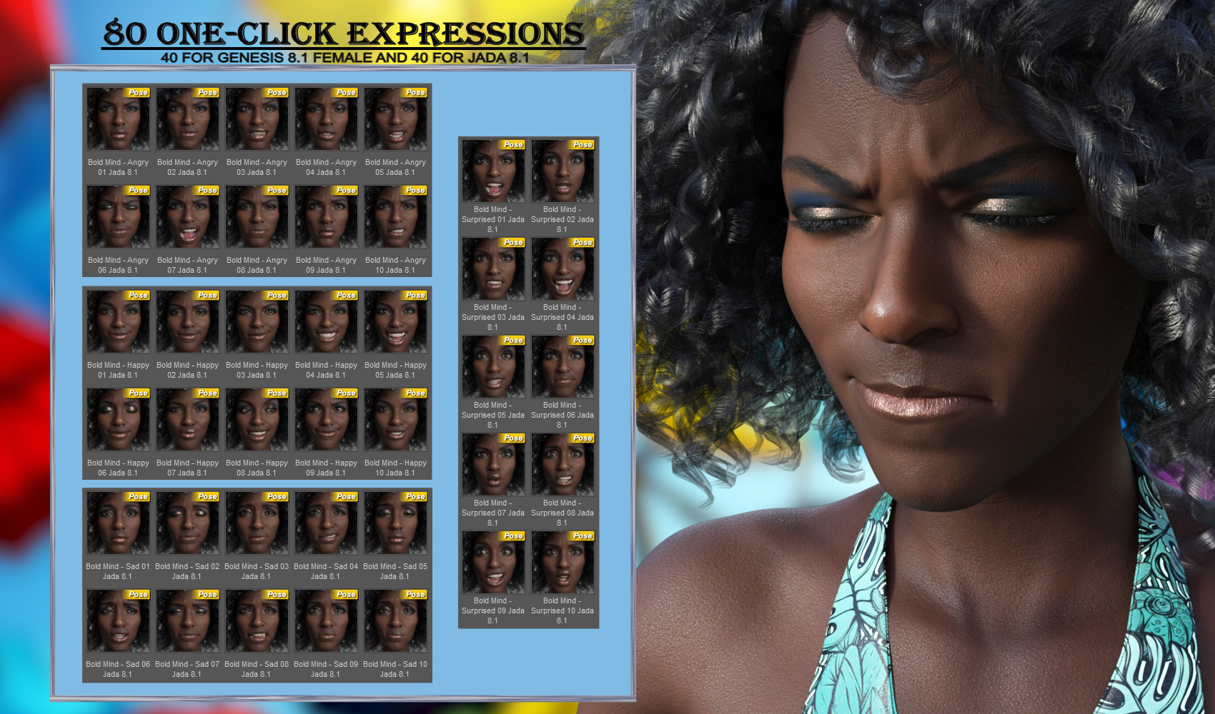 Bold Mind - Expressions for Genesis 8.1 Female and Jada 8.1 Bold Mind - Expressions for Genesis 8.1 Female and Jada 8.1 by: JWolf, 3D Models by Daz 3D
