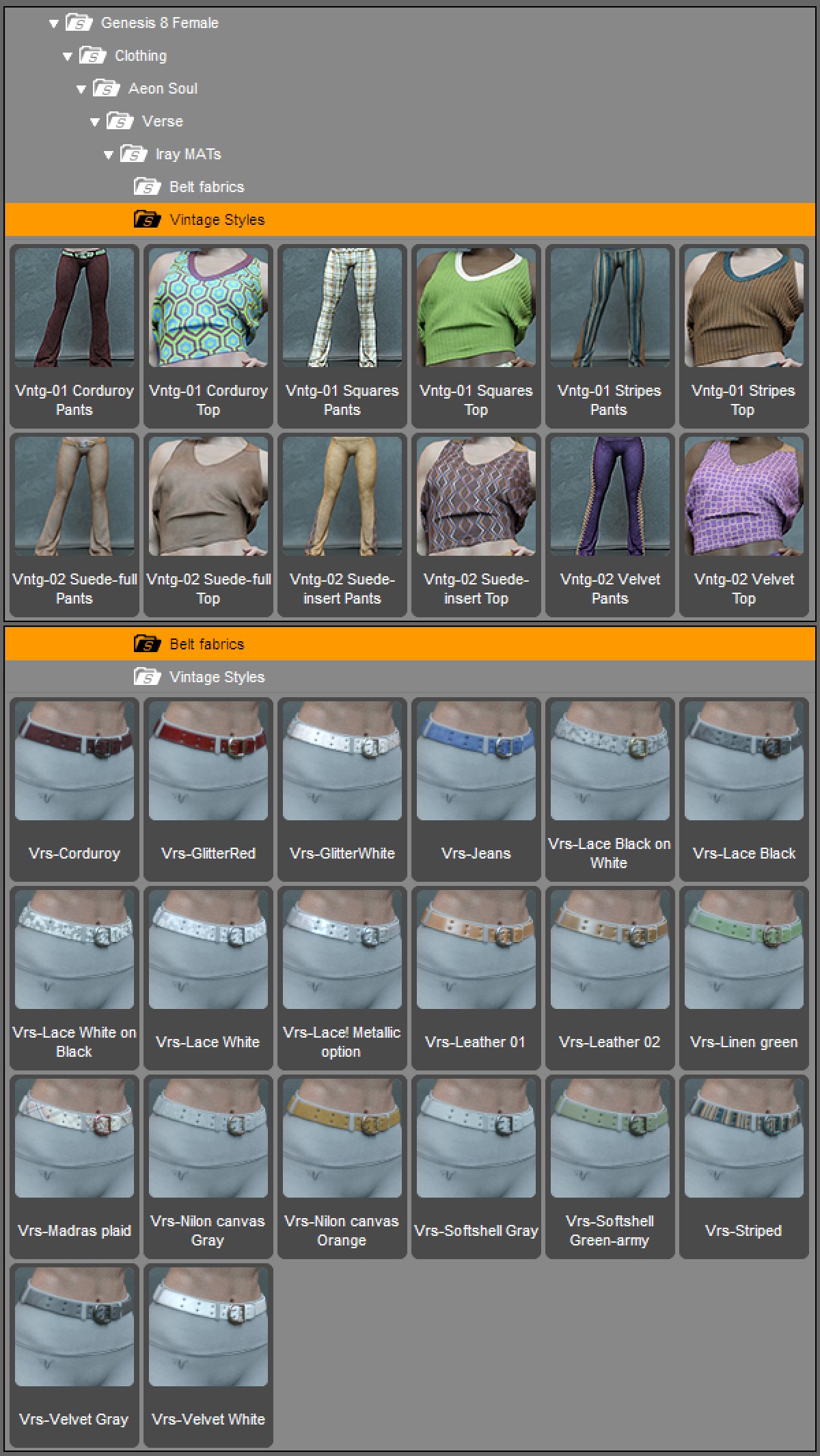 Vintage Styles for Verse Clothing Sets Vintage Styles for Verse Clothing Sets by: Aeon Soul, 3D Models by Daz 3D