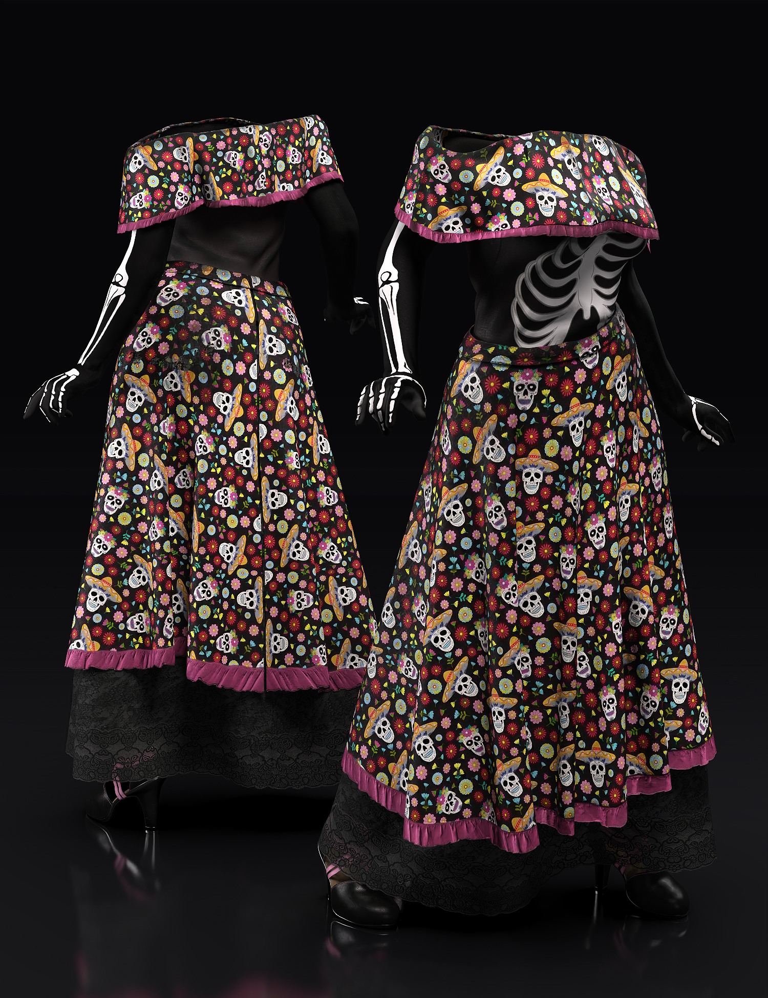 dForce Dia de los Muertos Outfit for Genesis 8.1 Females by: Barbara BrundonUmblefuglyShox-Design, 3D Models by Daz 3D