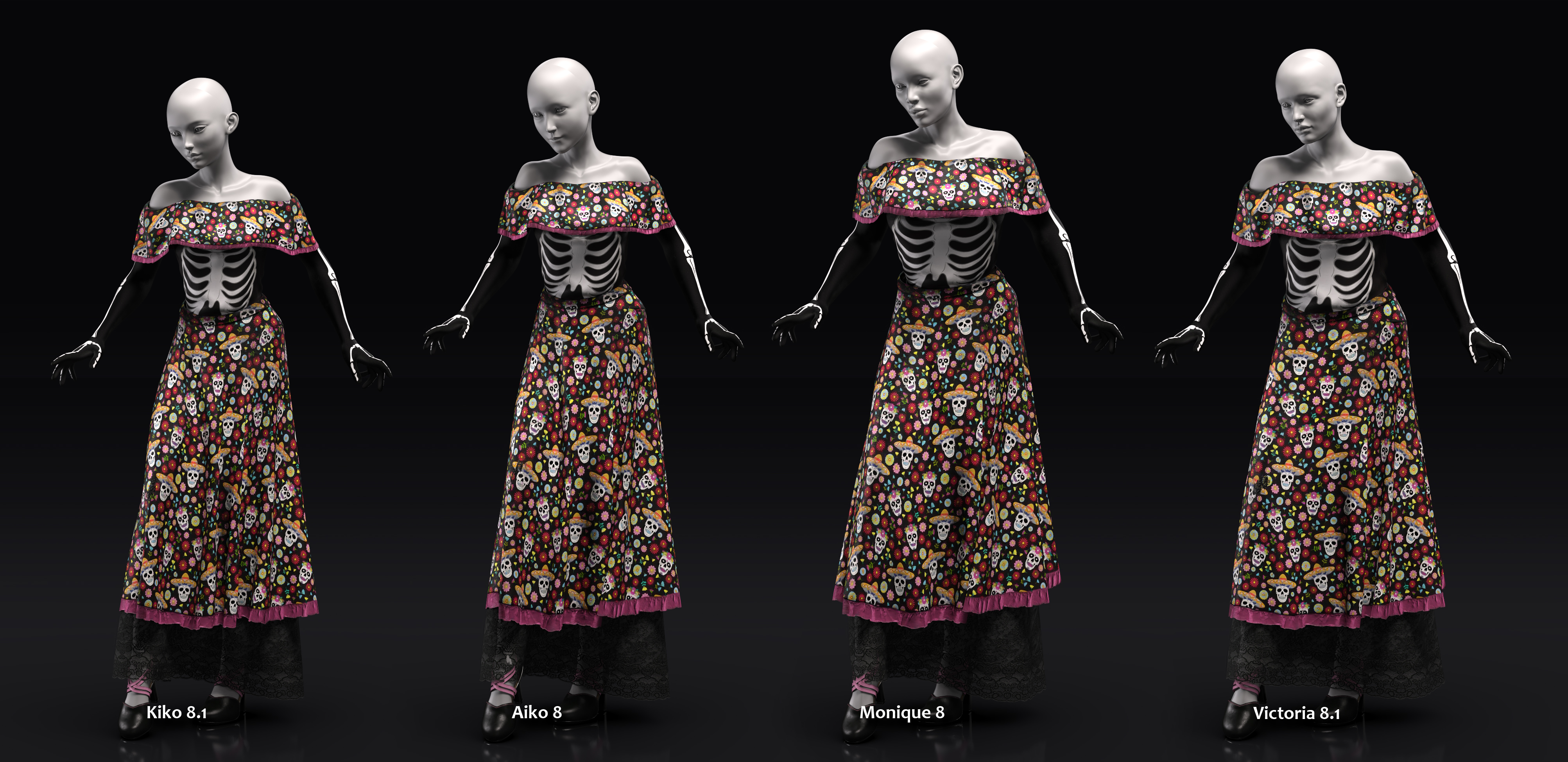 dForce Dia de los Muertos Outfit for Genesis 8.1 Females by: Barbara BrundonUmblefuglyShox-Design, 3D Models by Daz 3D