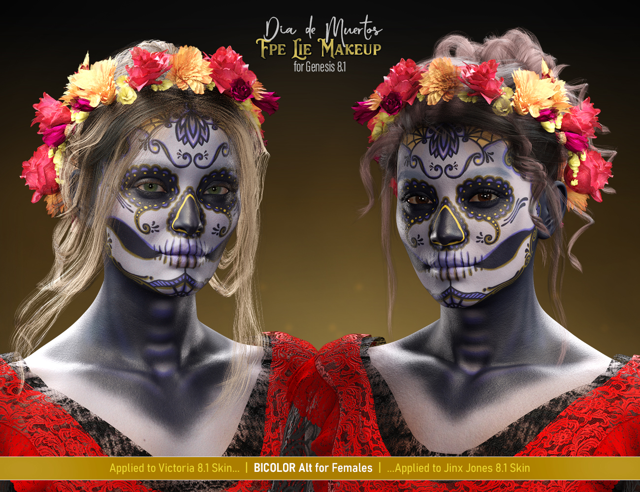 FPE Dia de los Muertos LIE Makeup for Genesis 8.1 by: FenixPhoenixEsid, 3D Models by Daz 3D