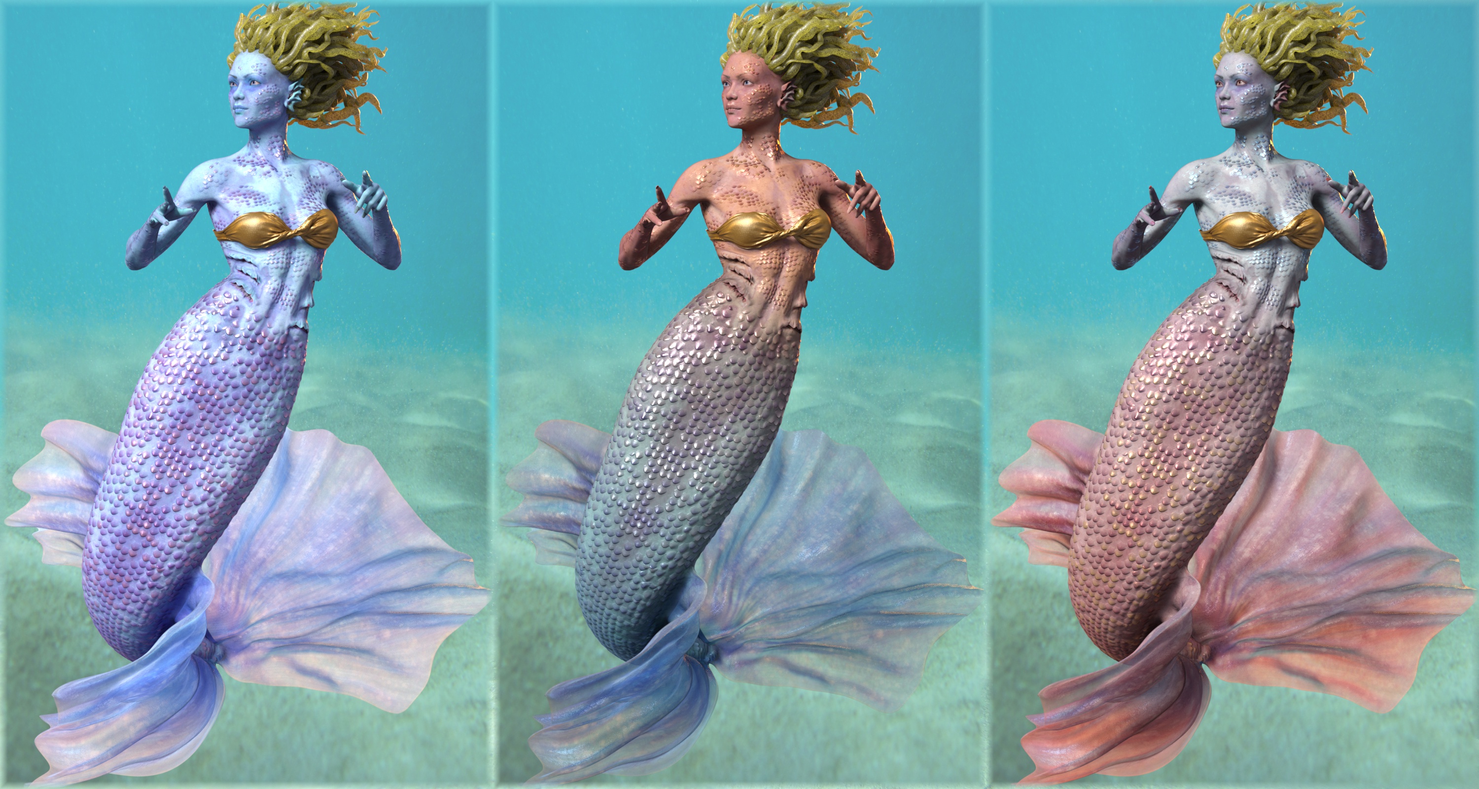 Marina Mermaid Triplet for Genesis 8.1 Female and Coral 8.1 Tail by: 3D-GHDesignAe Ti, 3D Models by Daz 3D