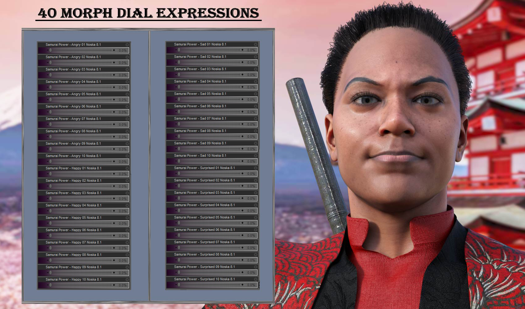 Samurai Power Expressions for Genesis 8.1 and Noska 8.1 Samurai Power Expressions for Genesis 8.1 and Noska 8.1 by: JWolf, 3D Models by Daz 3D