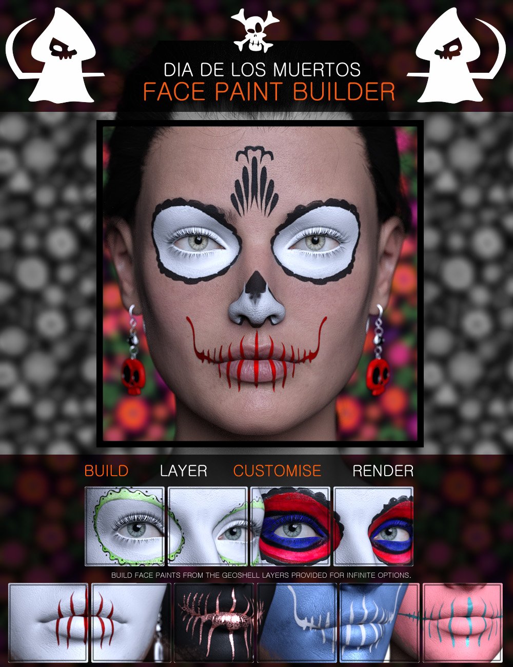 Dia De Los Muertos Face Paint Builder for Genesis 8.1 Females by: ForbiddenWhispers, 3D Models by Daz 3D