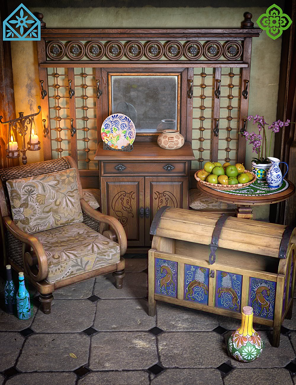 ROG Fantasy Home - Entrance Furniture Set by: StrangefateRoguey, 3D Models by Daz 3D