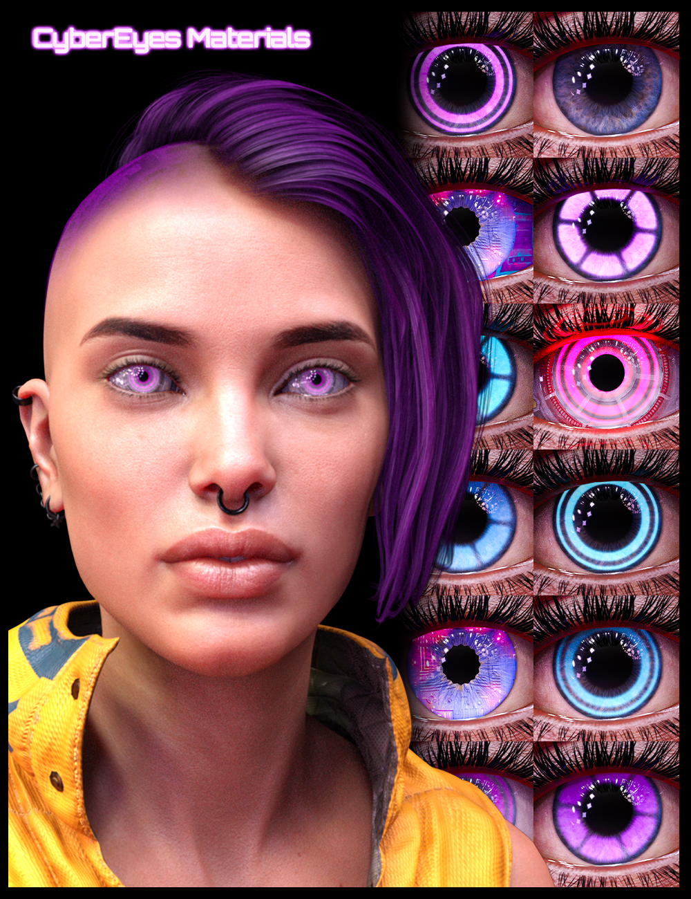 M3D CyberPunk Hair, Eye and Earrings for Genesis 8 and 8.1 Females by: Matari3D, 3D Models by Daz 3D