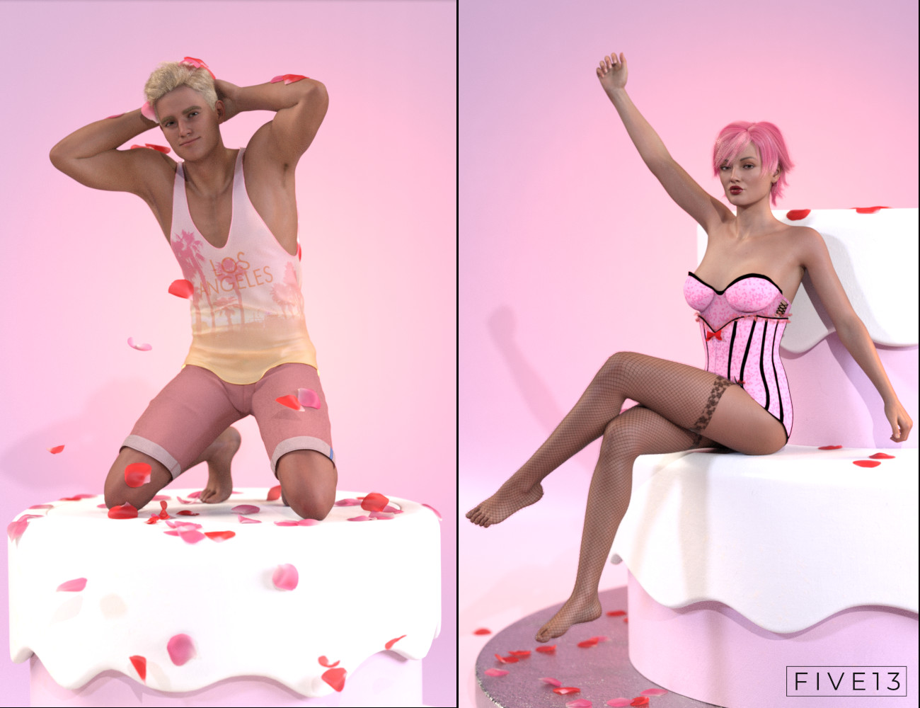 Popout Cake Props and Poses with dForce Rose Petals by: Five13, 3D Models by Daz 3D