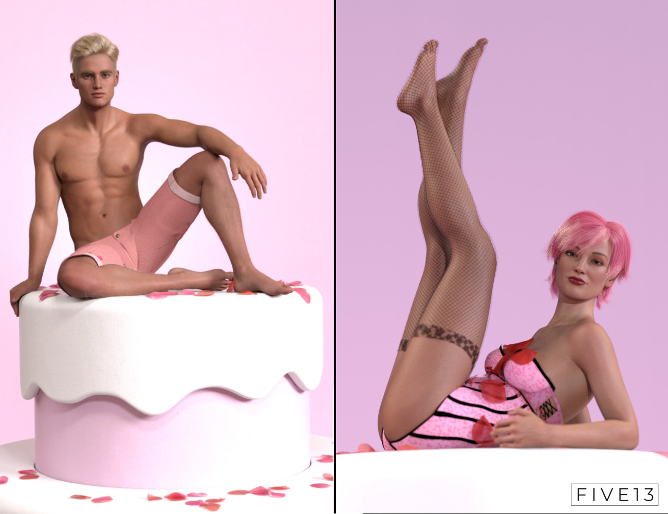 Popout Cake Props and Poses with dForce Rose Petals by: Five13, 3D Models by Daz 3D