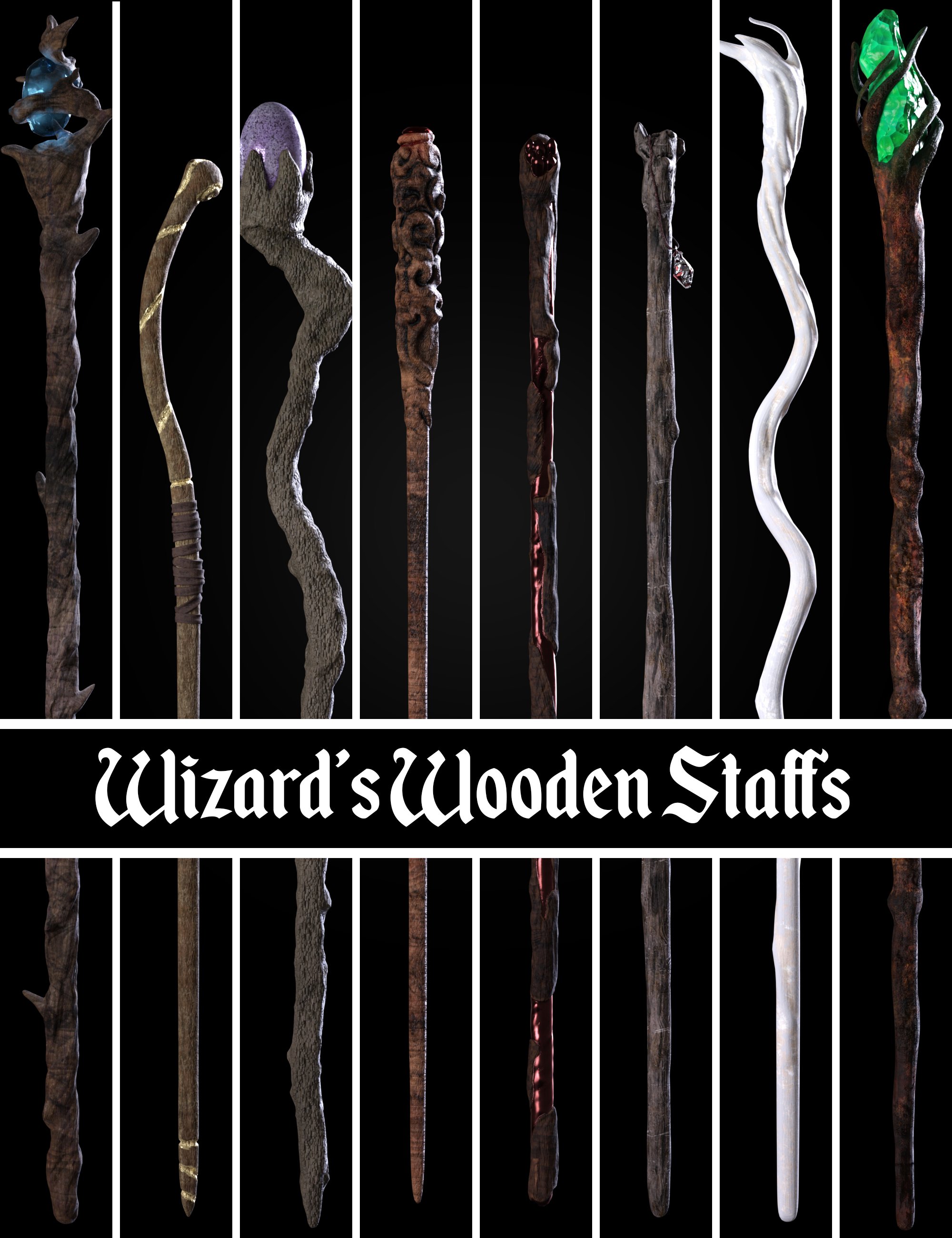BW Wizard Wooden Staffs Set for Genesis 8.1 by: Beautyworks, 3D Models by Daz 3D