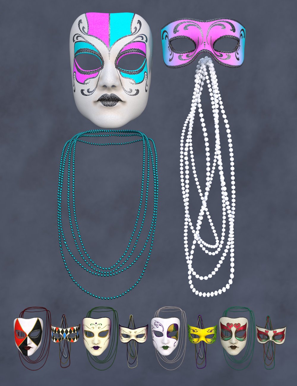 Fun Mardi Gras Mix and Match Masks and Beads for Genesis 8 and 8.1 by: Barbara BrundonUmblefuglyArien, 3D Models by Daz 3D
